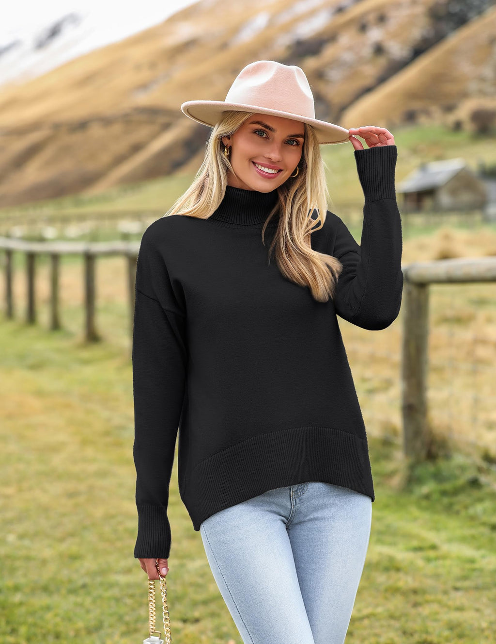 Zeagoo Women's Turtleneck Sweater 2025 Fall Winter Chunky Knitted Pullover High Low Hem Trendy Basic Jumper Top Black