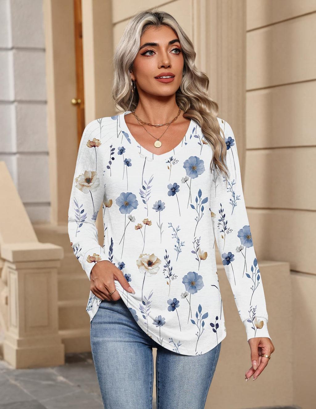 Zeagoo Shirts for Women Tops Long Sleeve V Neck Pleated Fall Casual T Shirts Boho Tunic Fall Winter Trendy Clothes