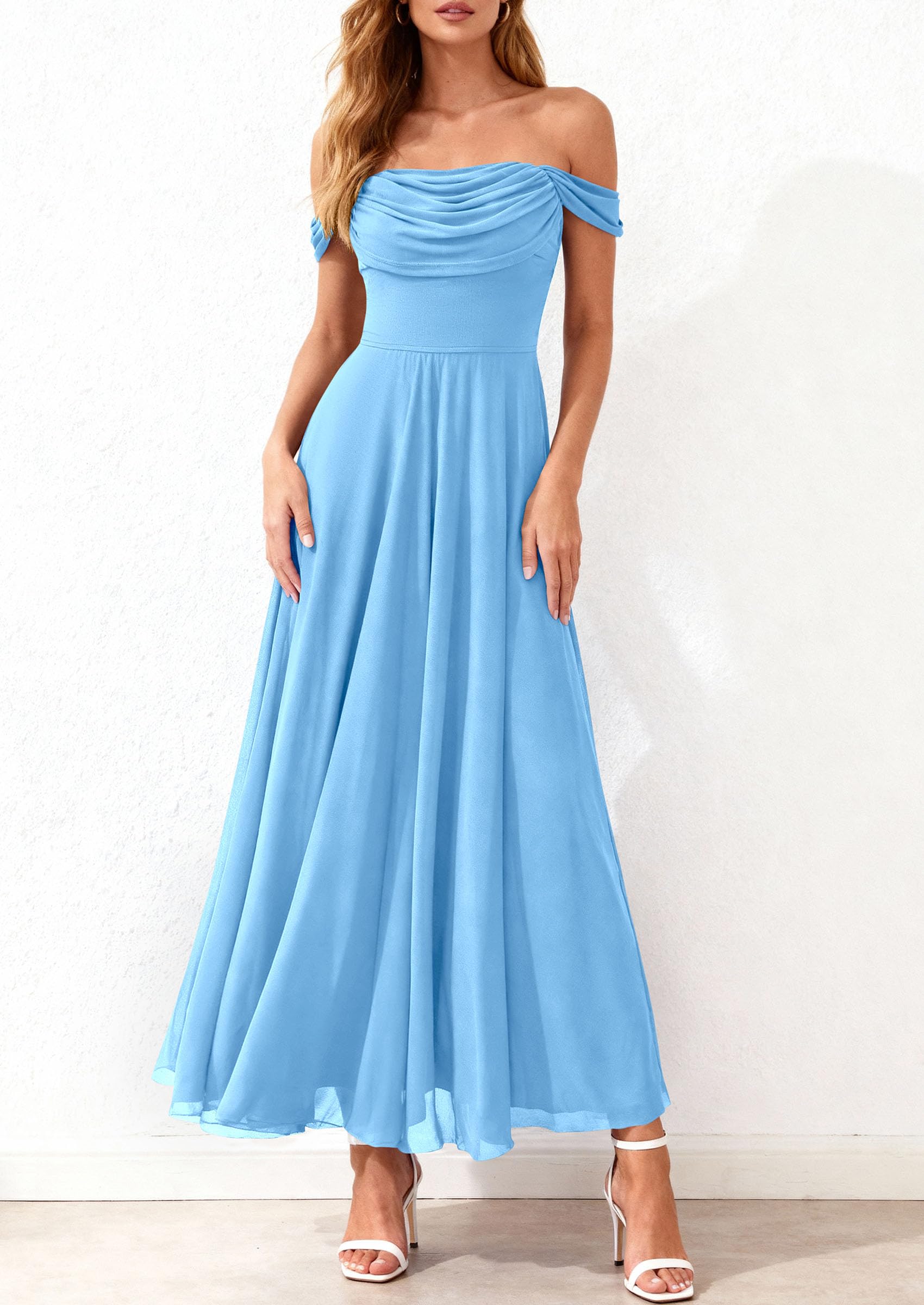 PRETTYGARDEN Womens Off Shoulder Maxi Summer Dresses 2026 Elegant Mesh Aline Swing Ruched Flowy Cocktail Wedding Guest Dress (Light Blue,Small)