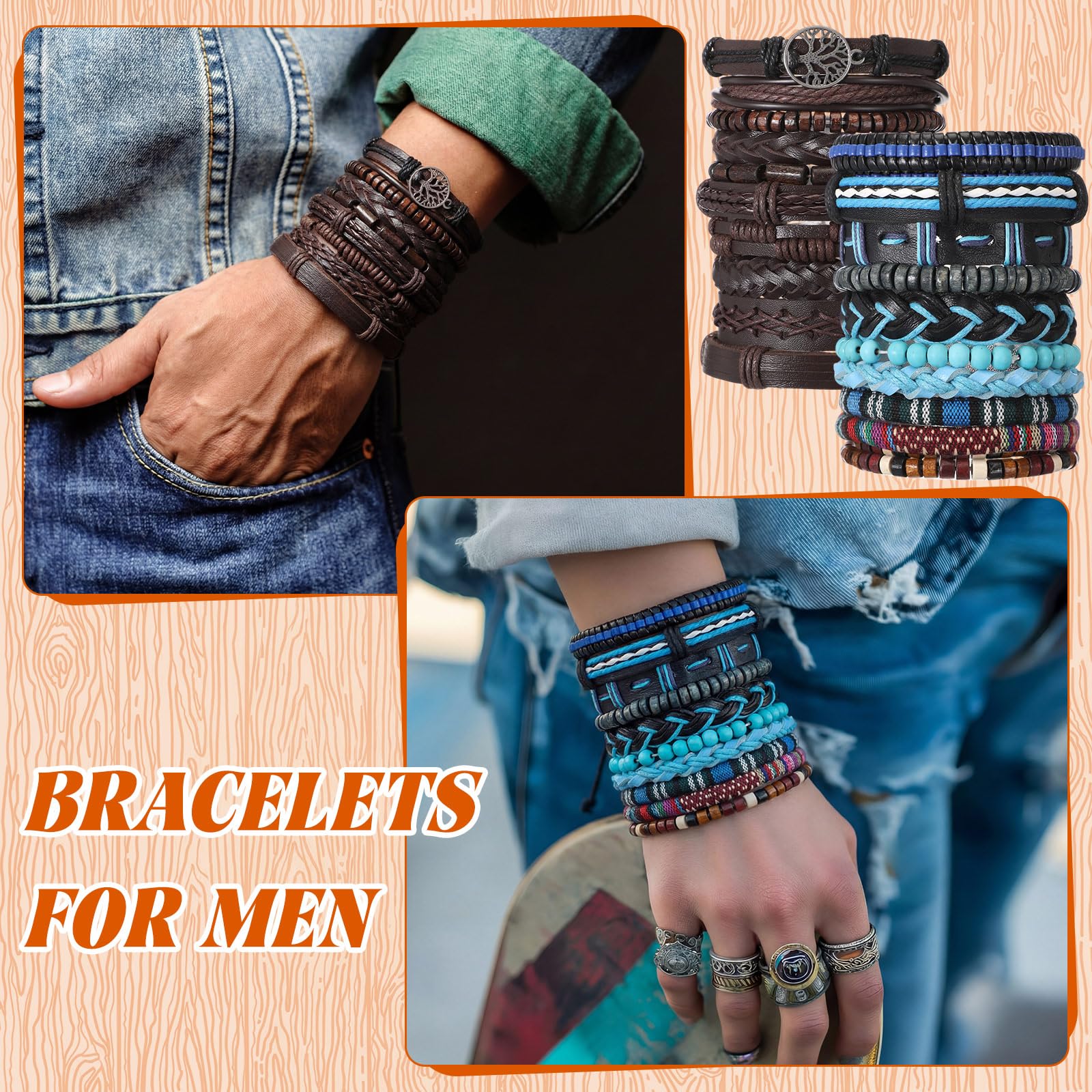 Unittype 80 Pcs Braided Leather Bracelets for Men Women Wrap Wood Beads Cuff Bracelet, Hemp Cords Ethnic Tribal Handmade Wrap Wristband Bracelets Set Adjustable