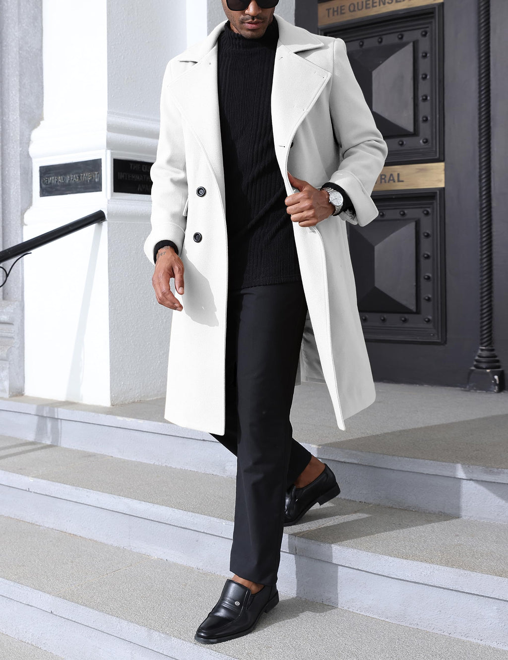 Springrain Men's Pea Coat Double Breasted Overcoat Lapel Coat Classic Long Trench Coat(White-S)