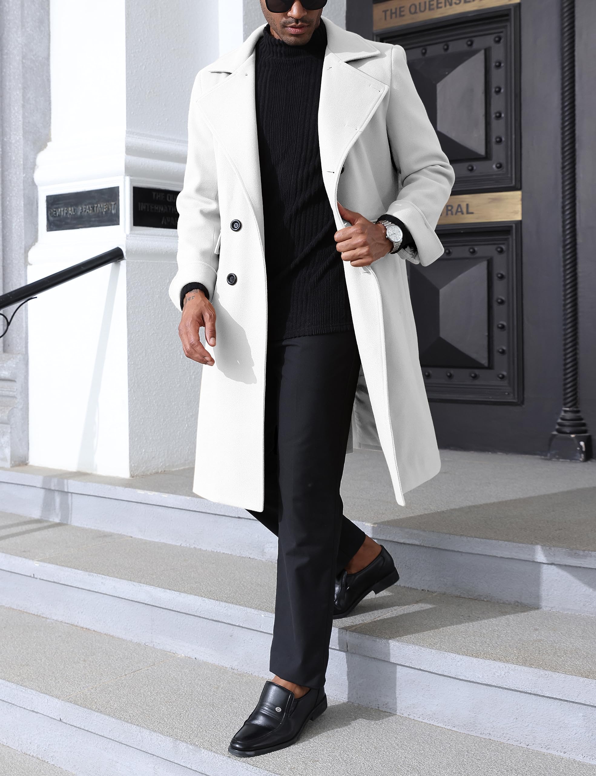 Springrain Men's Pea Coat Double Breasted Overcoat Lapel Coat Classic Long Trench Coat(White-S)