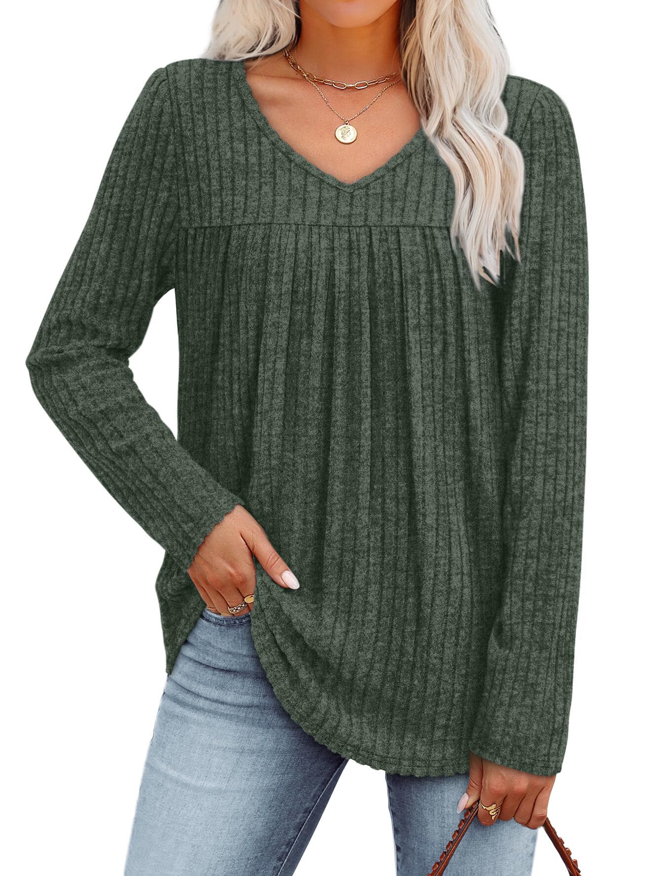 WIHOLL Fall Outfits for Women 2026 Long Sleeve Shirts for Women Dressy Casual Womens Boho Tops Trendy Sweaters Early Fall Fashion Clothing Old Money Clothes School Outfits for Teachers Green L