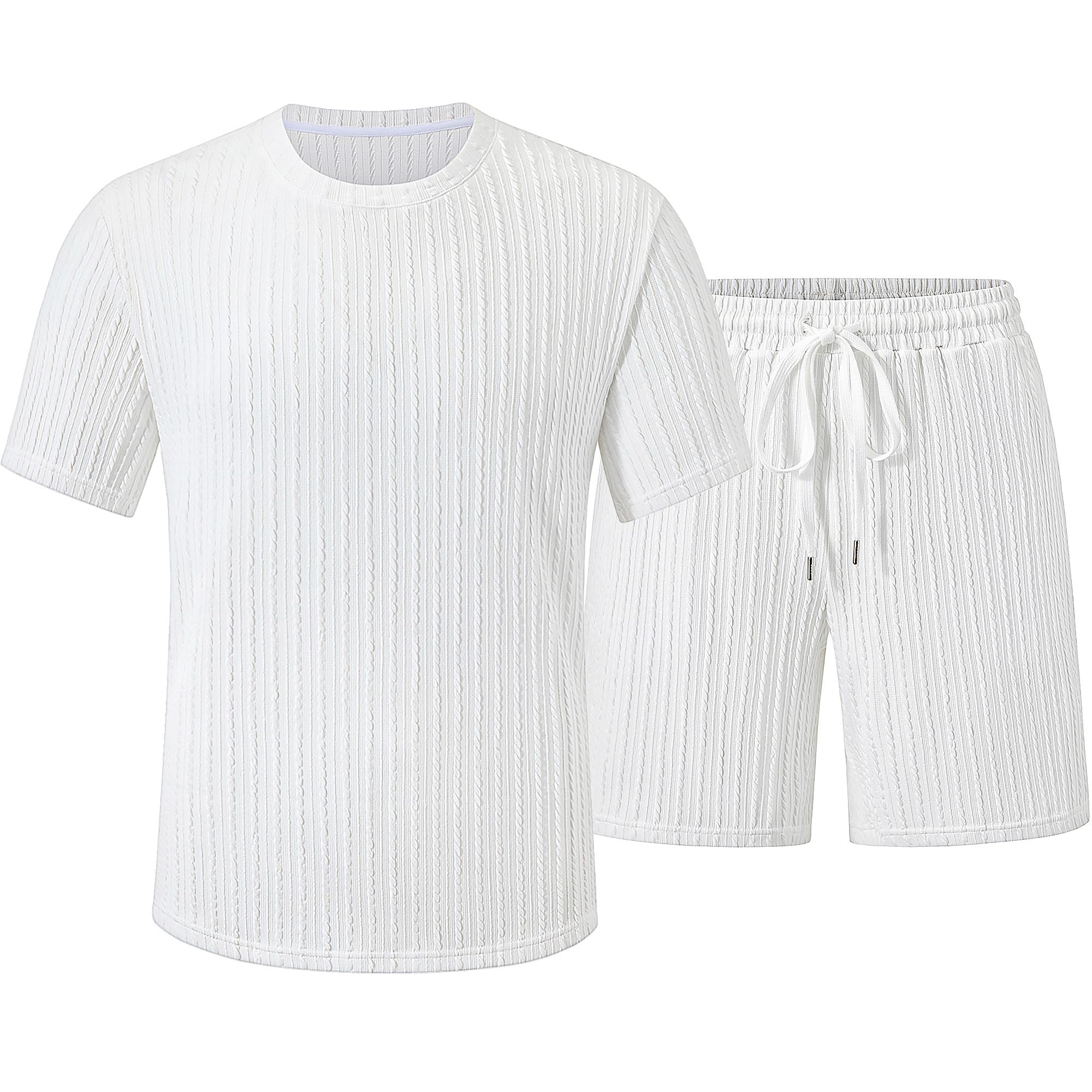 UOUA Mens Shorts Set Crewneck Short Sleeve T-Shirt & Shorts Twisted Texture 2 Piece Summer Outfits Casual Matching Sets White M