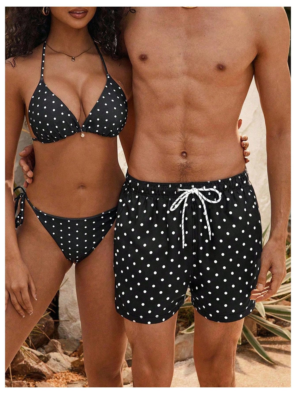 WDIRARA Men's Polka Dots Swim Trunks Drawstring Waist Beach Vacation Board Shorts with Pockets Black and White XX-Large