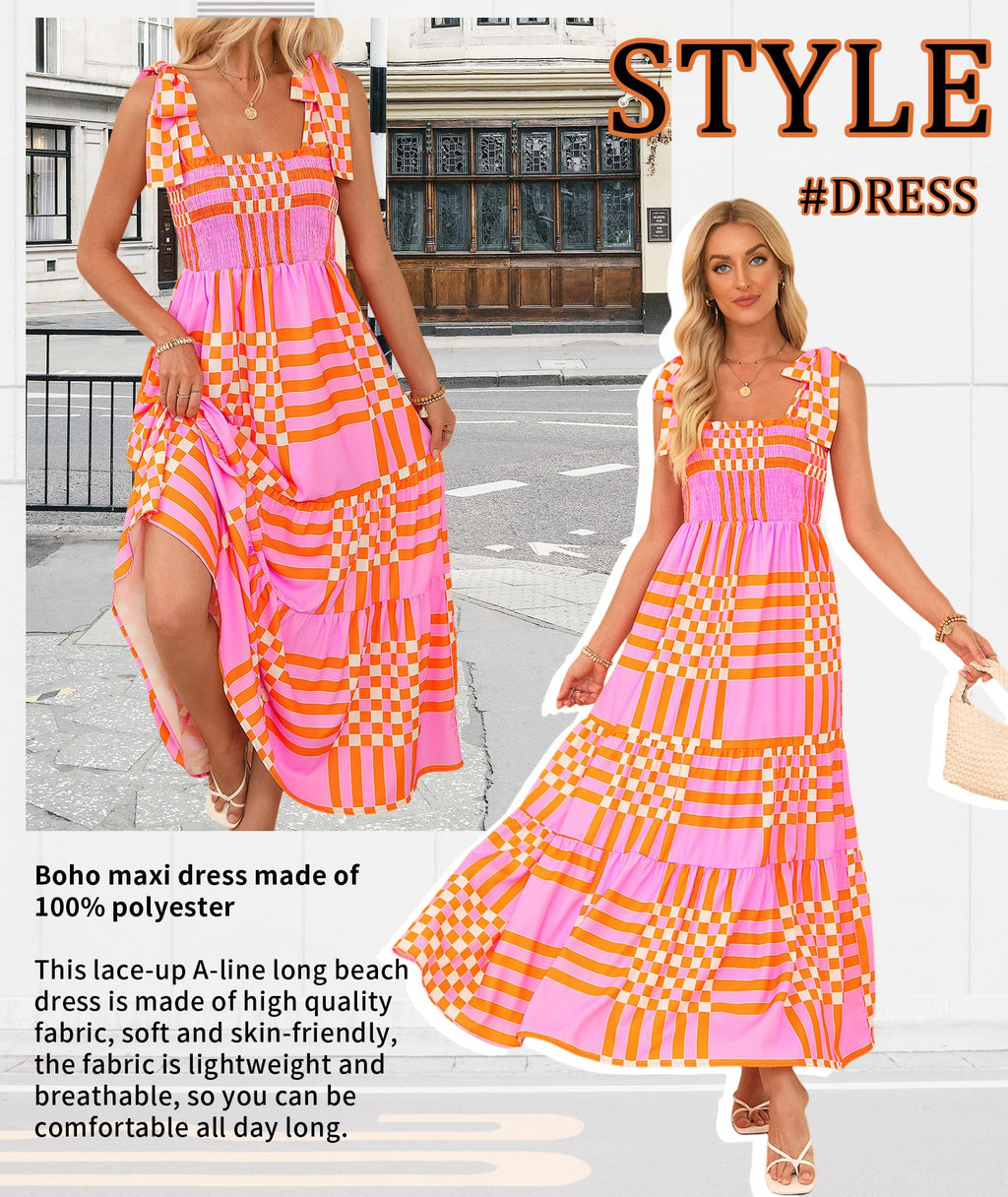 Women's Summer Maxi Dress Boho Spaghetti Straps Casual Long A-line Smocked Beach Dress Square Neck Flowy Sun Dresses Green A-Pink S