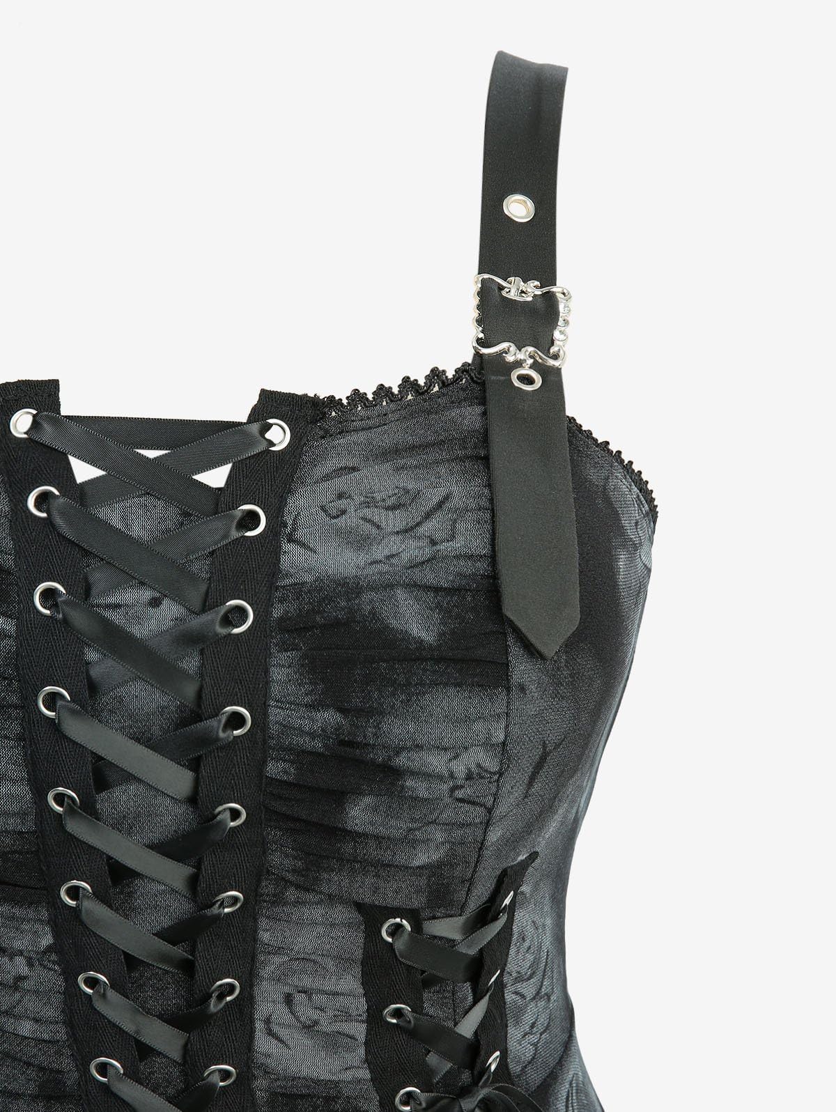 Rosegal Plus Size Gothic Dress for Women Halloween Costume Tie Dye Rose Print Lace-up Buckled Straps Handkerchief Hem Tank Goth Dress(Black/L)