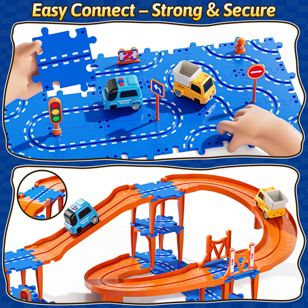 Guminnara Toddler Puzzle Race Cars Track Toys for Kids Age 3-5 2-4 Years, 59PCS Puzzles Car Track Set Includes 2 Cars and Road Signs, Educational Birthday Gifts for Kids, Boys and Girls