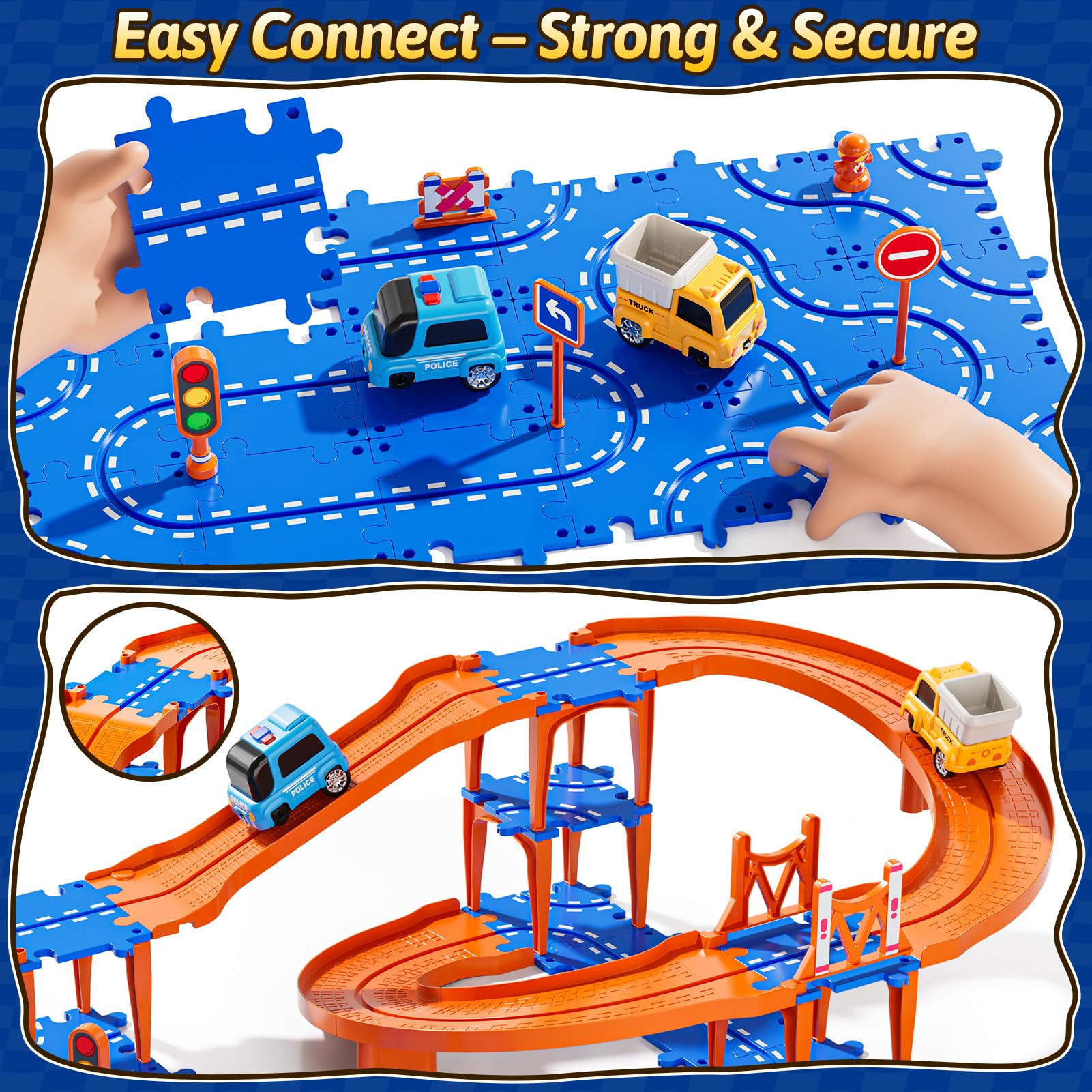 Guminnara Toddler Puzzle Race Cars Track Toys for Kids Age 3-5 2-4 Years, 59PCS Puzzles Car Track Set Includes 2 Cars and Road Signs, Educational Birthday Gifts for Kids, Boys and Girls