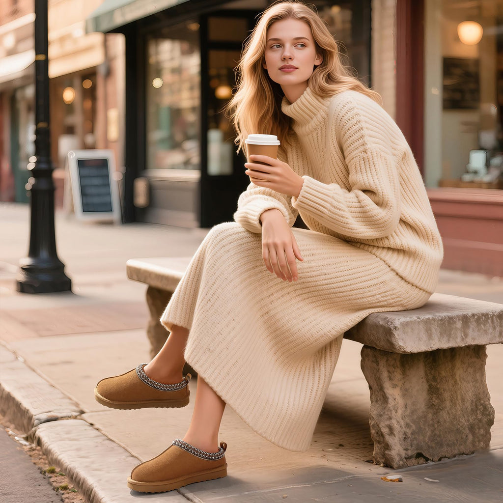 bebealy Genuine Suede Fuzzy Slippers for Women Winter Warm House Shoes Cozy Mini Boots for Indoor Outdoor, Chestnut 39