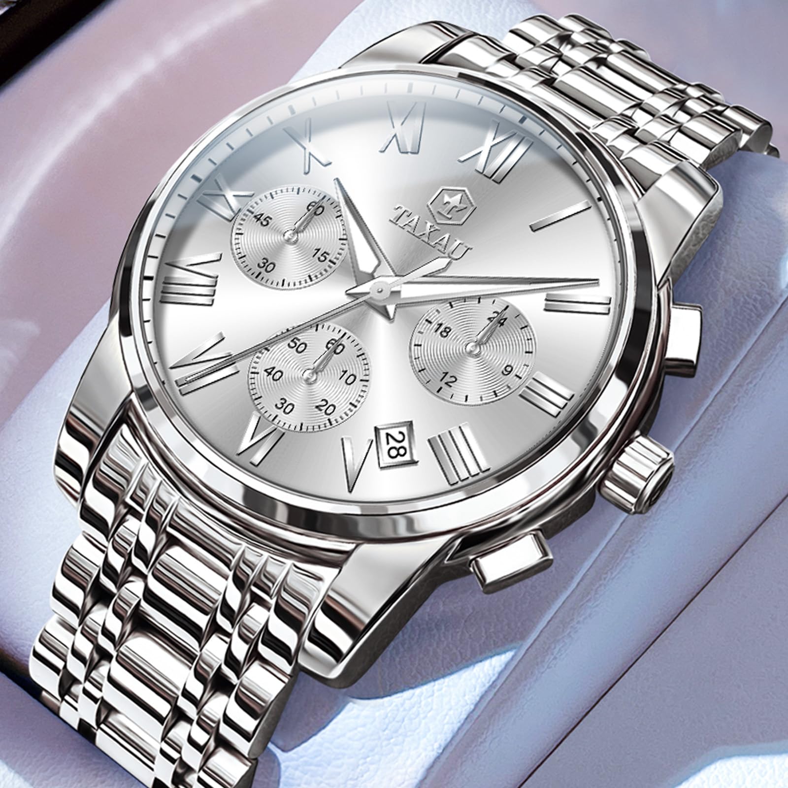 Taxau Silver Watches for Men Stainless Steel Chronograph White Face Multi-Function Men Wristwatch Analog Quartz Fashion Roman Numeral Date Men's Dress Watches Water Resistant Luminous Watch