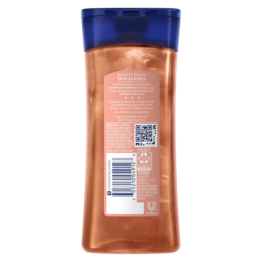 Vaseline Glazed and Glisten Sunlit Glow Body Gel Oil Vanilla Cocoa Shimmering with Ultra-Hydrating Lipids and 100% Pure Cocoa Butter, 6.8 Oz