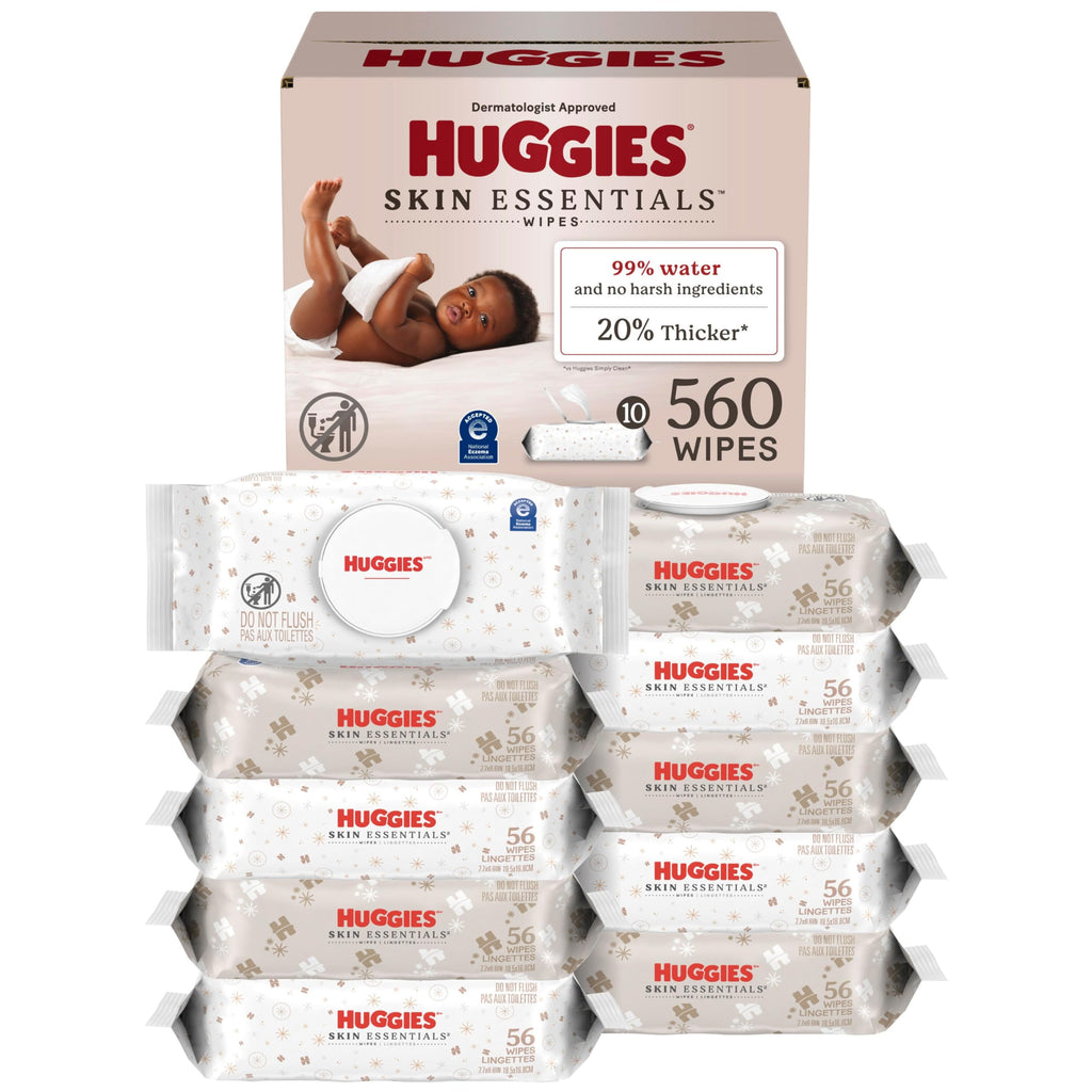 Huggies Skin Essentials Baby Wipes, Hypoallergenic, 99% Water, 10 Flip Top Packs (560 Wipes Total)