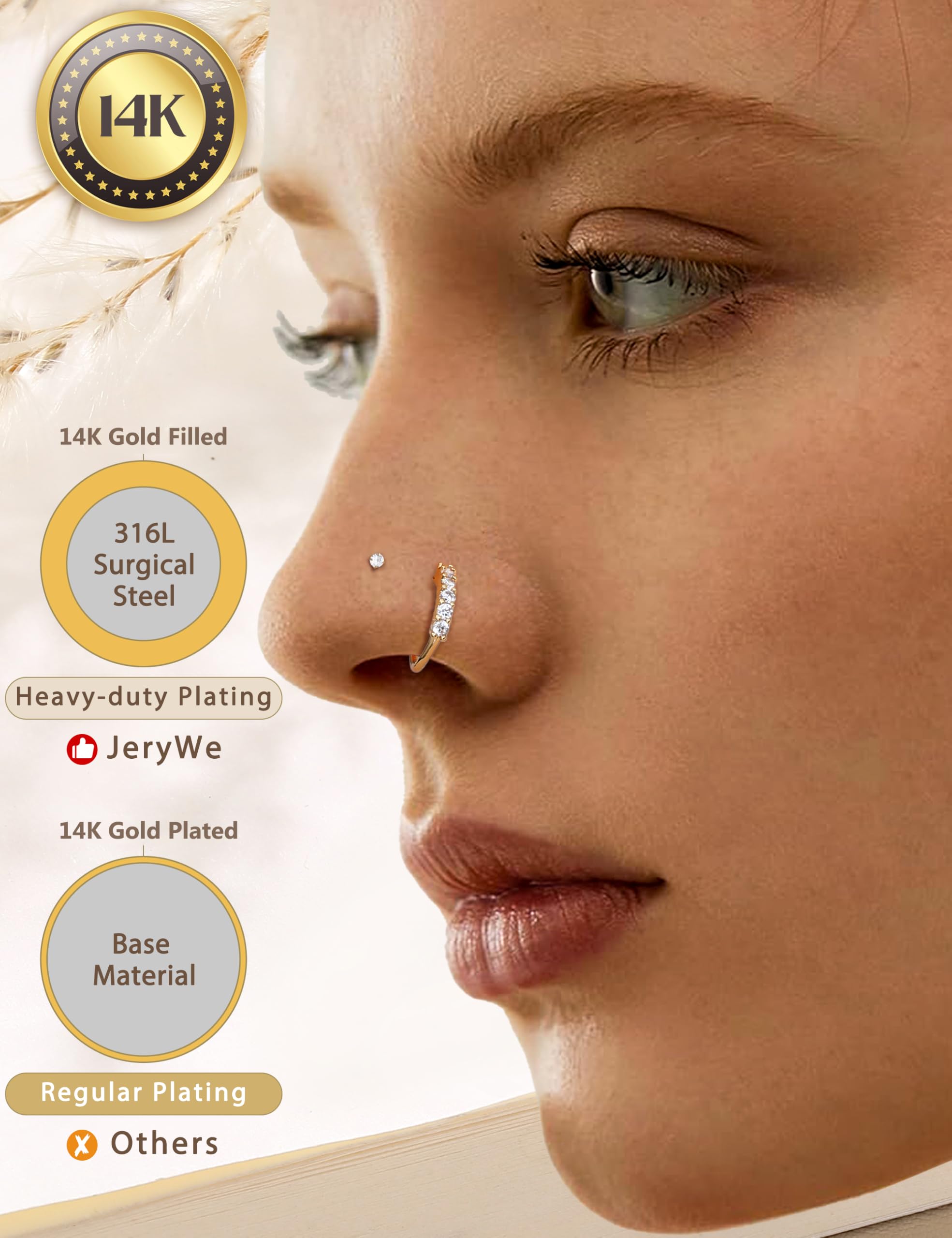 JeryWe Nose Rings for Women - 14K Gold Filled Hypoallergenic Surgical Steel Nose Ring Hoops CZ Lip Ring Screw L Shaped Studs Threadless Flat Back Stud Nose Piercings Jewelry for Women Men CZ