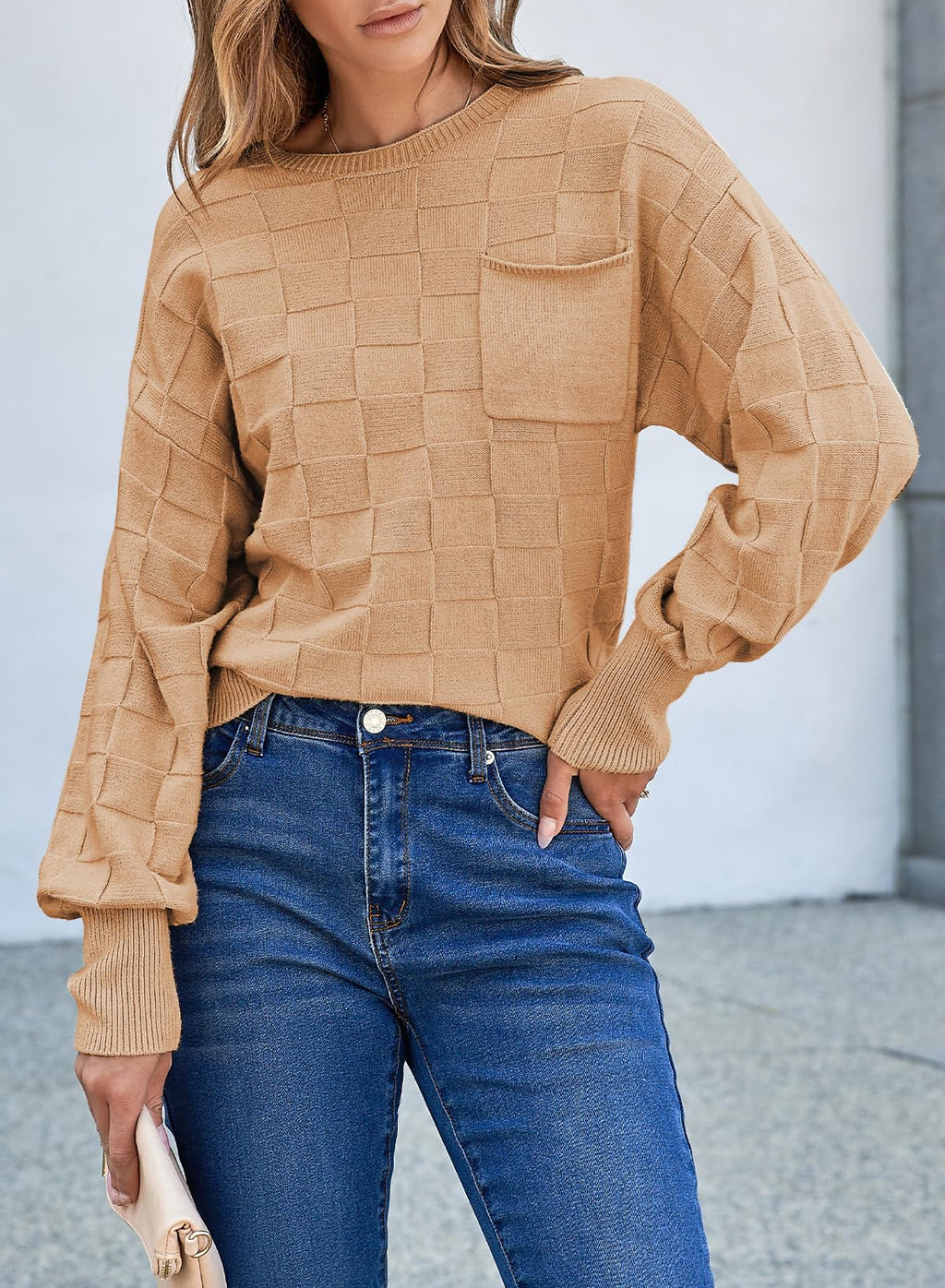 SHEWIN Sweaters for Women Casual Crewneck Long Sleeve Tops Lightweight Knit Oversized Women's Sweaters Spring Clothes for Women Khaki Large