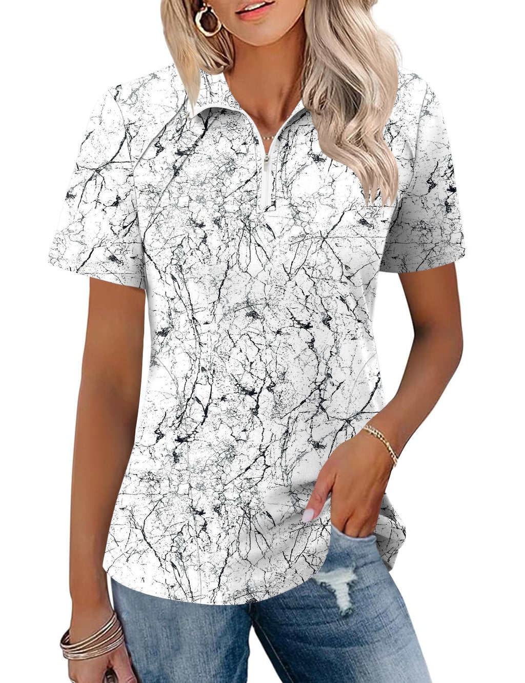 LOMON Polo Shirt for Women Summer Golf Quarter Zip Outfit Black Floral,XL