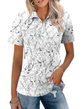 LOMON Polo Shirt for Women Summer Golf Quarter Zip Outfit Black Floral,XL