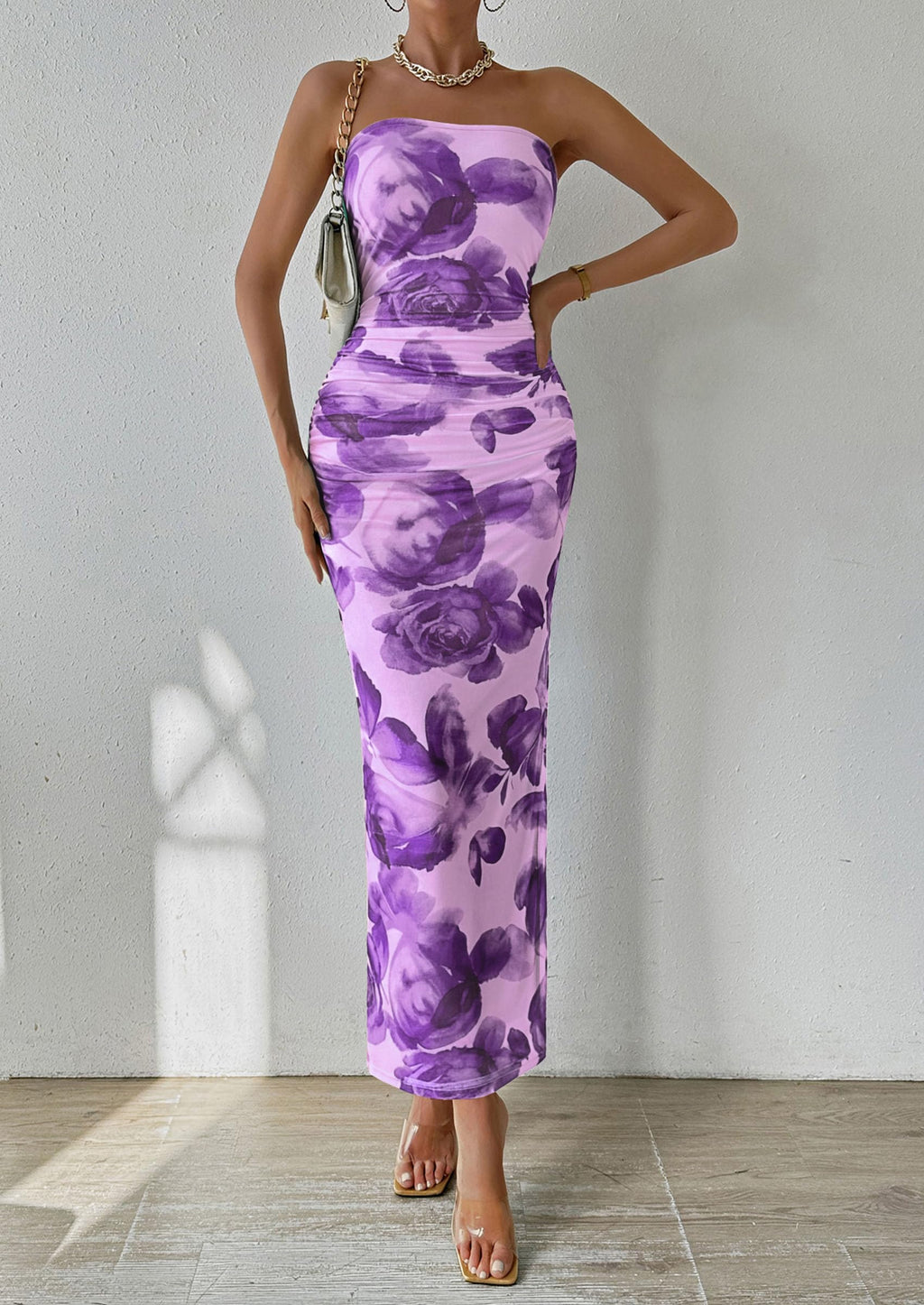PRETTYGARDEN Women's Summer Wedding Guest Dress Strapless Tube Top Maxi Bodycon Long Floral Mesh Beach Vacation Party Dresses (Purple Flower,Medium)