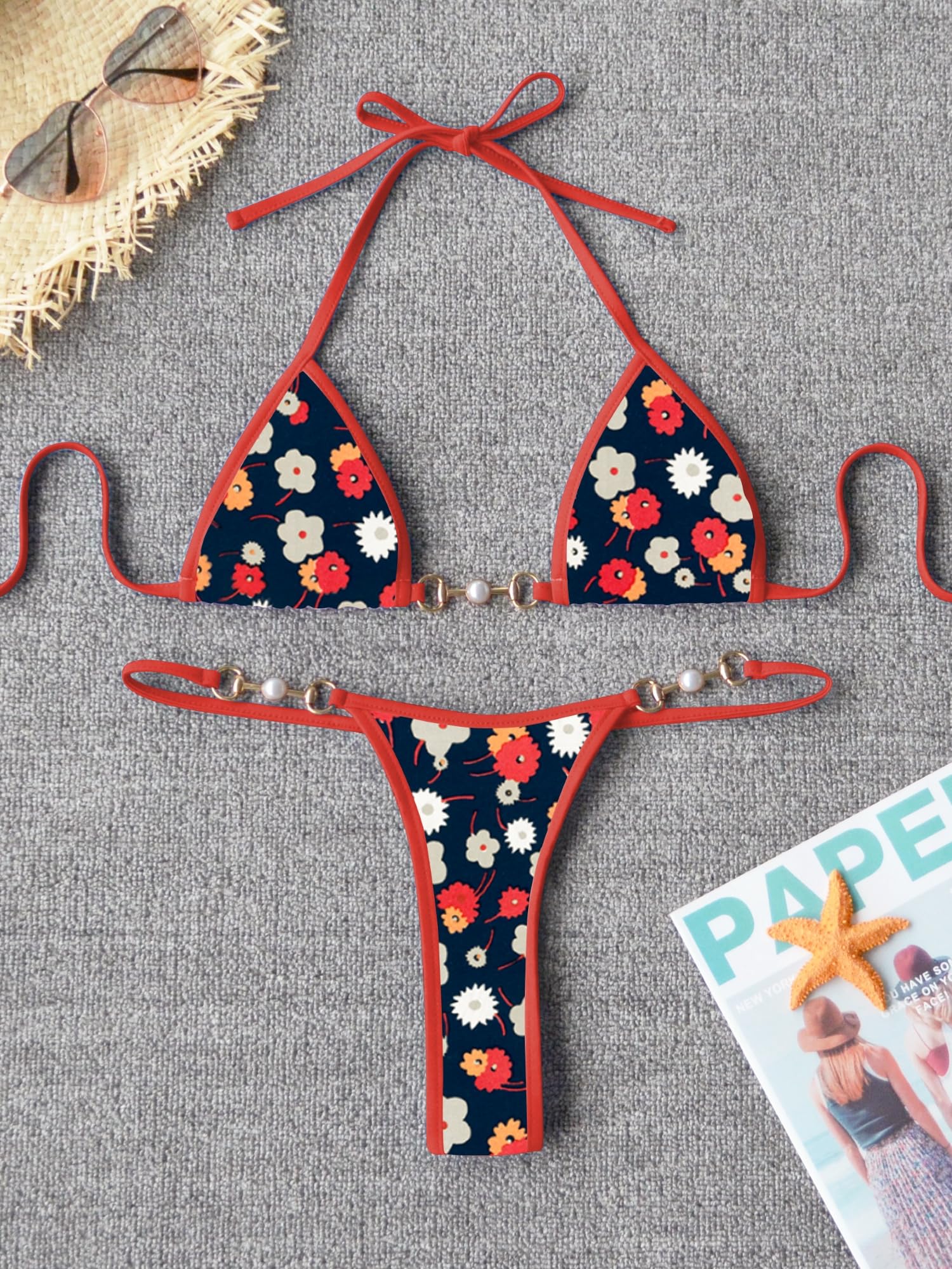 TASHEHE Women's Triangle Thong Bikini Set Sexy String Brazillian Two Piece Swimsuit Cute Bikini Bathing Suit - Dark Blue Floral - X-Large
