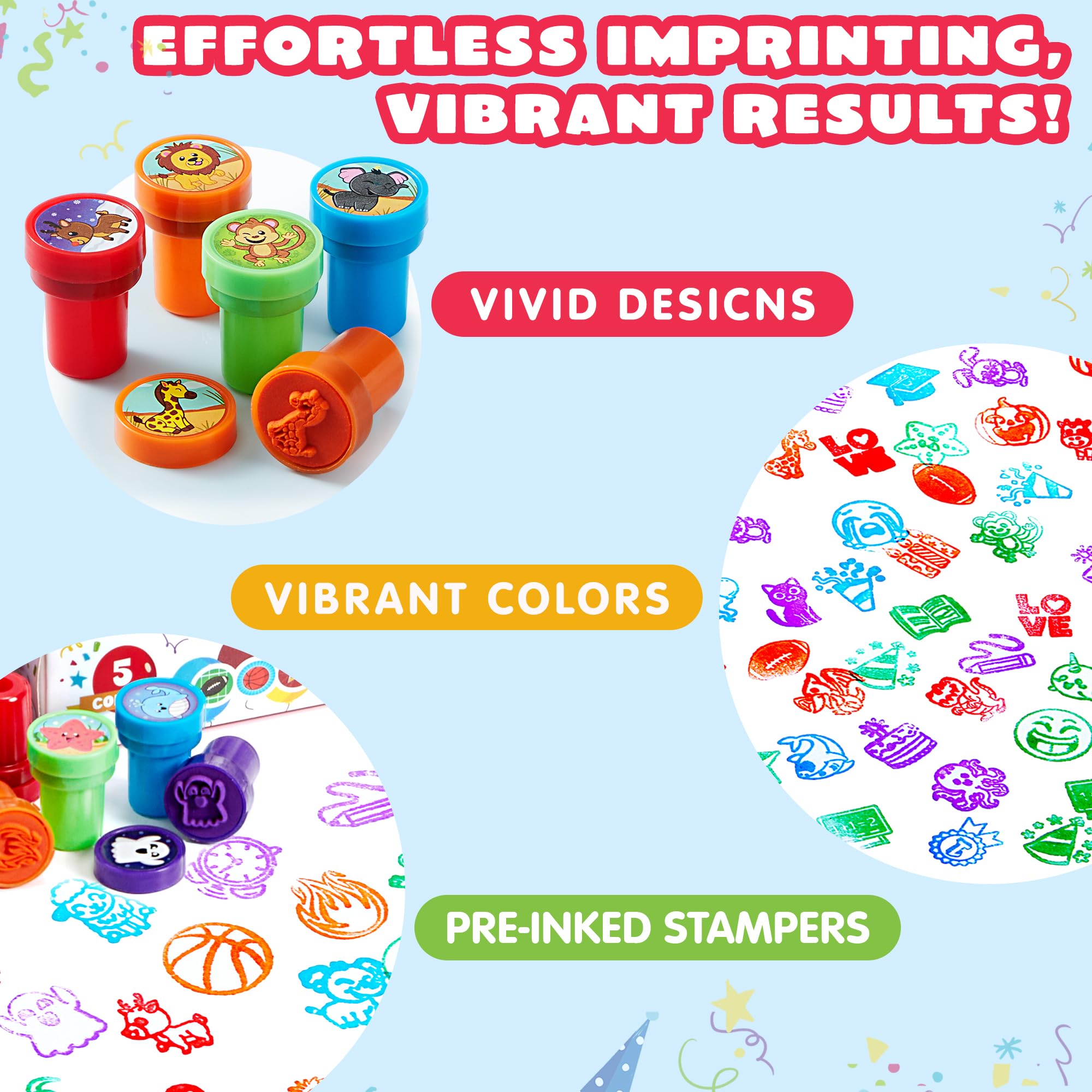 JOYIN 50 Pcs Assorted Stamps for Kids - Self-Ink Stamps with 50 Designs for Birthday Party Favor, Carnival Prizes, School Stampers, Goodie Bag, Halloween, Christmas (Zoo, Holiday Stampers)