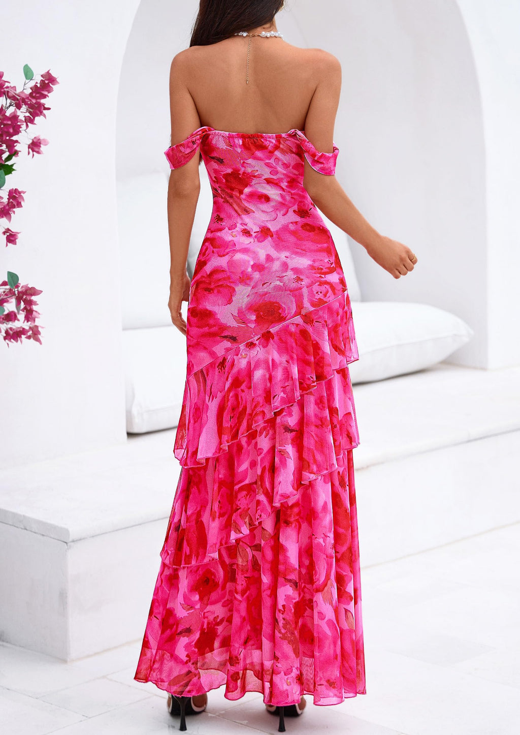 PRETTYGARDEN Women's Formal Cocktail Maxi Dresses 2026 Summer Off Shoulder Floral Mesh Bodycon Spring Wedding Guest Dress (Floral Pink,Small)