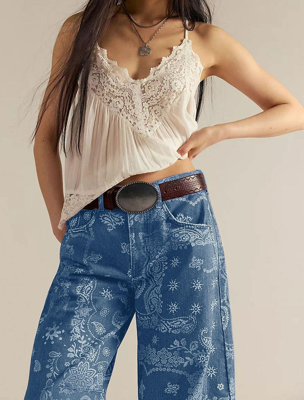 loveimgs Women Boyfriend Baggy Barrel Jeans Floral Print Denim Ankle Pants Wide Leg Mid Rise Jeans Sweatpants Y2k Patchwork (X-Small,Blue)