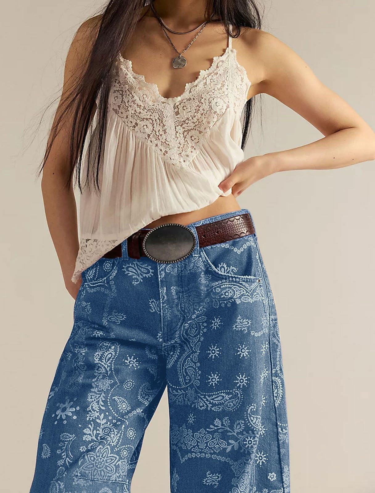 loveimgs Women Boyfriend Baggy Barrel Jeans Floral Print Denim Ankle Pants Wide Leg Mid Rise Jeans Sweatpants Y2k Patchwork (X-Small,Blue)