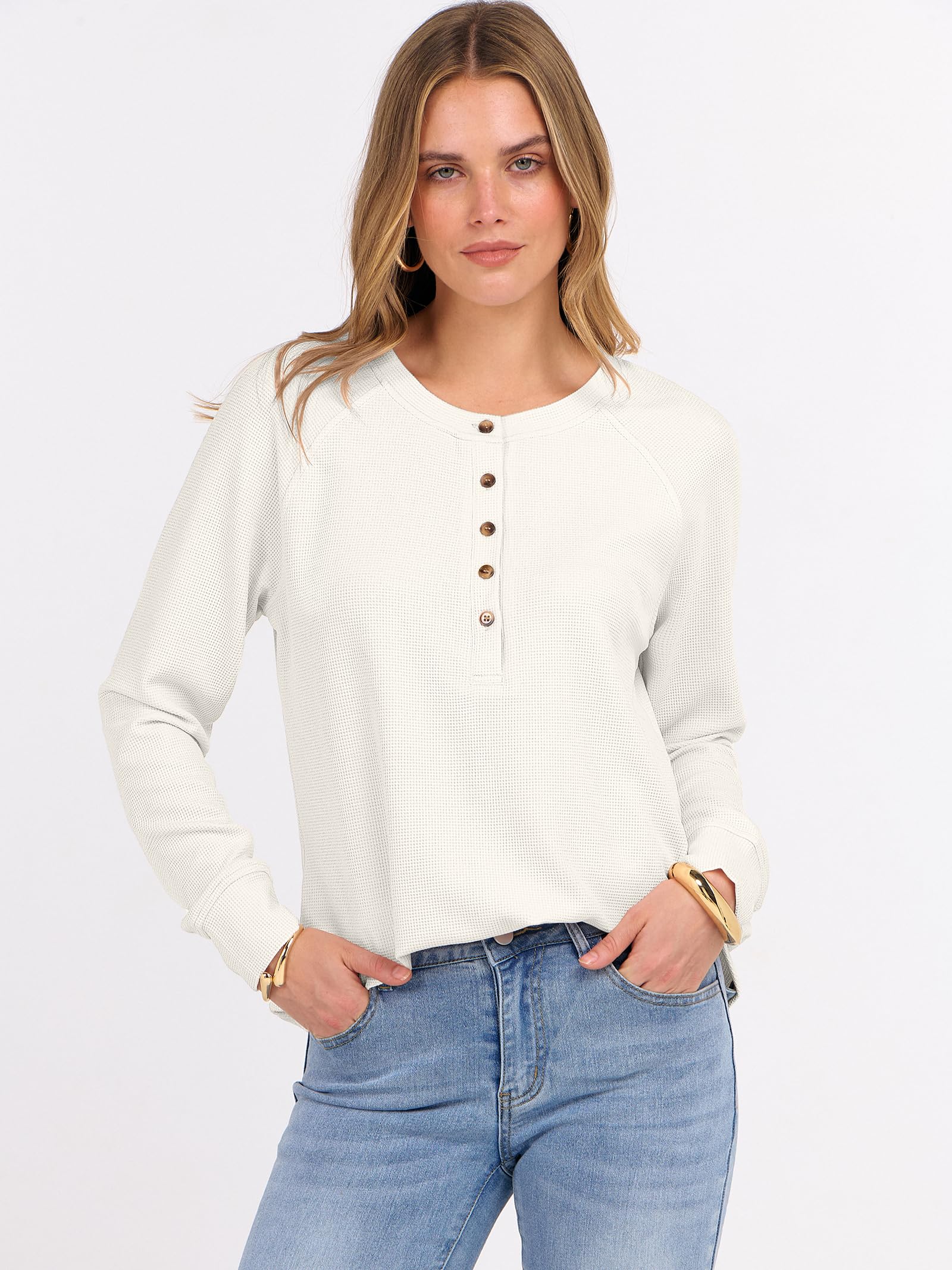 ANRABESS Women's Long Sleeve Waffle Knit Shirts Dressy Casual Loose Button Up V Neck Henley Tops 2026 Fall Basic Tee Blouse Beige Large