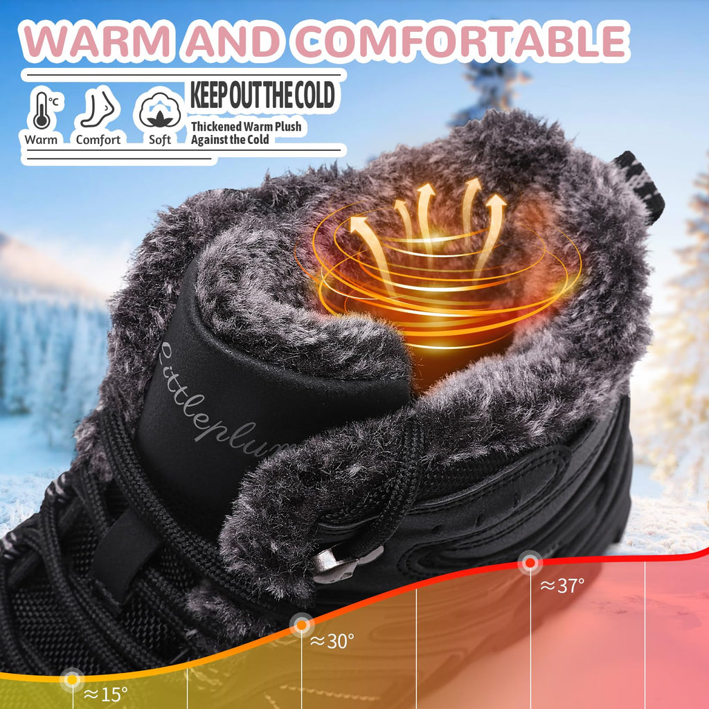 Littleplum Snow Boots for Women-Warm Fur Line Anti Slip Womens Winter Boots-Fashion Ankle Booties Sneakers for Outdoor Hiking All Black Size 6.5