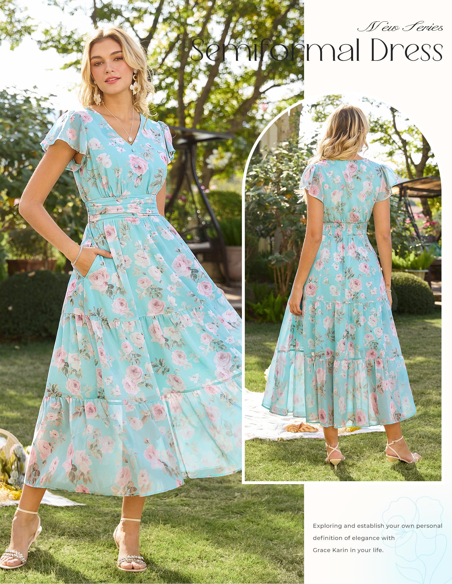 GRACE KARIN Women Summer Dress,Formal Wedding Guest Dress Maxi Floral Dresses Mint Green with Light Pink Roses S