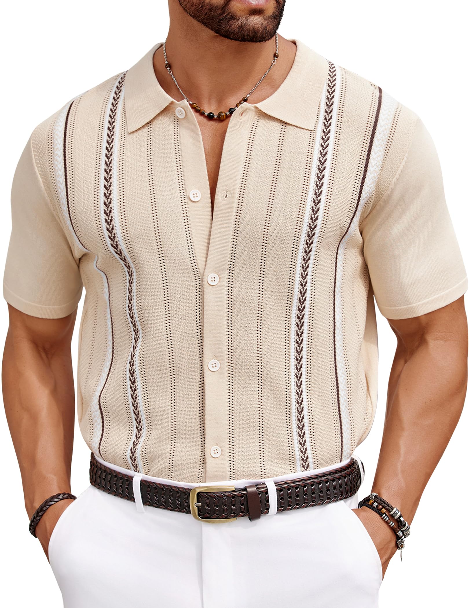 COOFANDY Mens Beach Shirts Cuban Crochet Shirt Short Sleeve Button Down Shirts Trendy Old Money Clothes Bowling Shirts Khaki Cream Beige XL