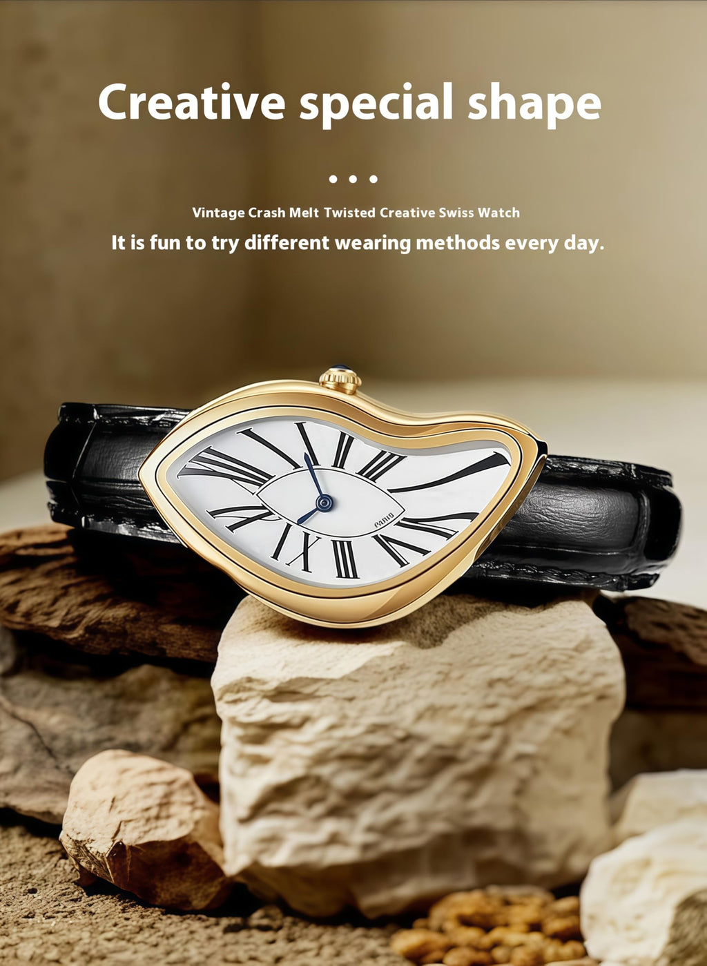 Gosasa Creative Melting Luxury Men's Watch Stylish Analog Quartz Wristwatch with Genuine Leather Strap, Roman Numeral Dial, Waterproof, Business Casual Dress Watch (Gold)