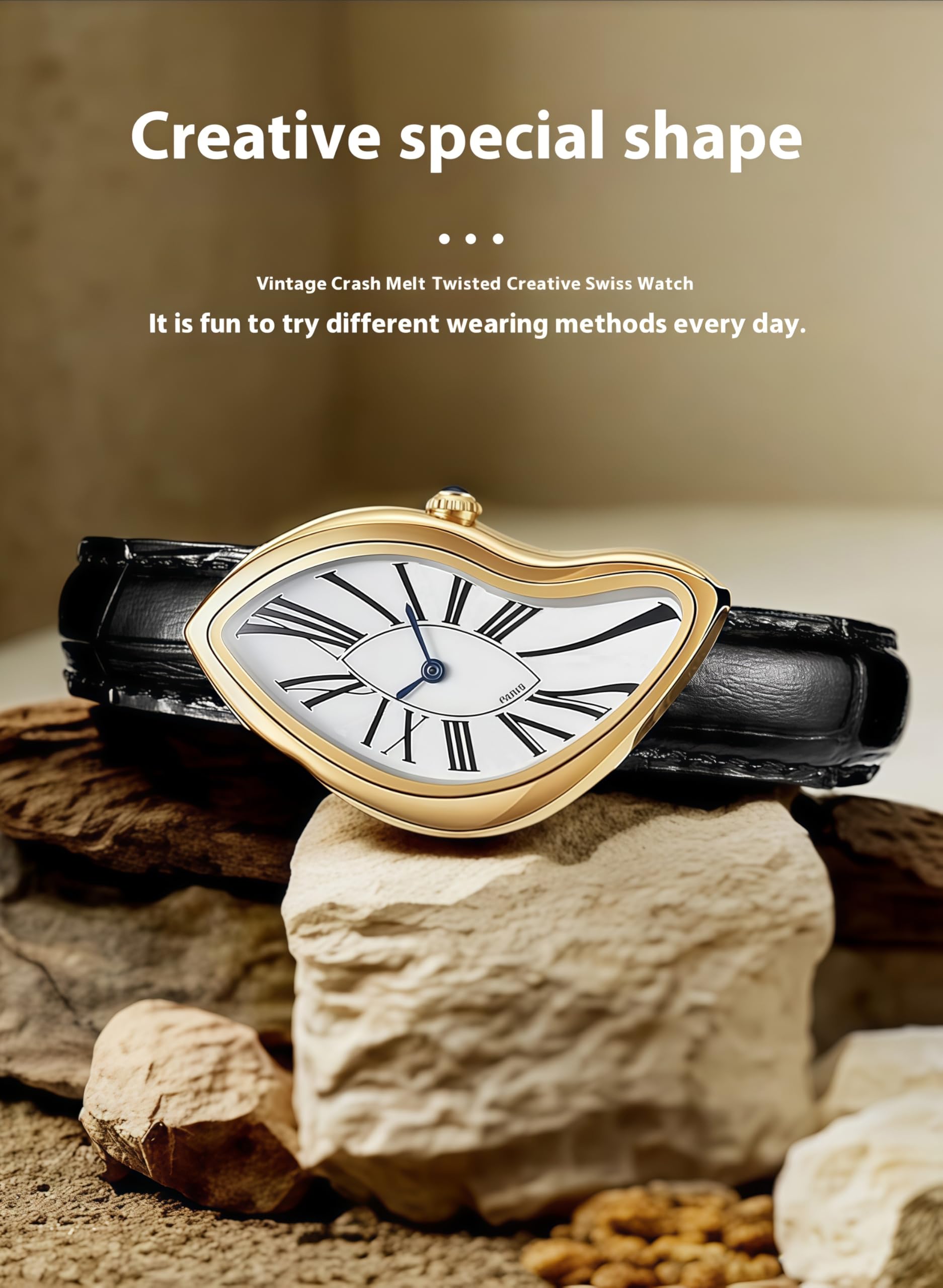 Gosasa Creative Melting Luxury Men's Watch Stylish Analog Quartz Wristwatch with Genuine Leather Strap, Roman Numeral Dial, Waterproof, Business Casual Dress Watch (Gold)