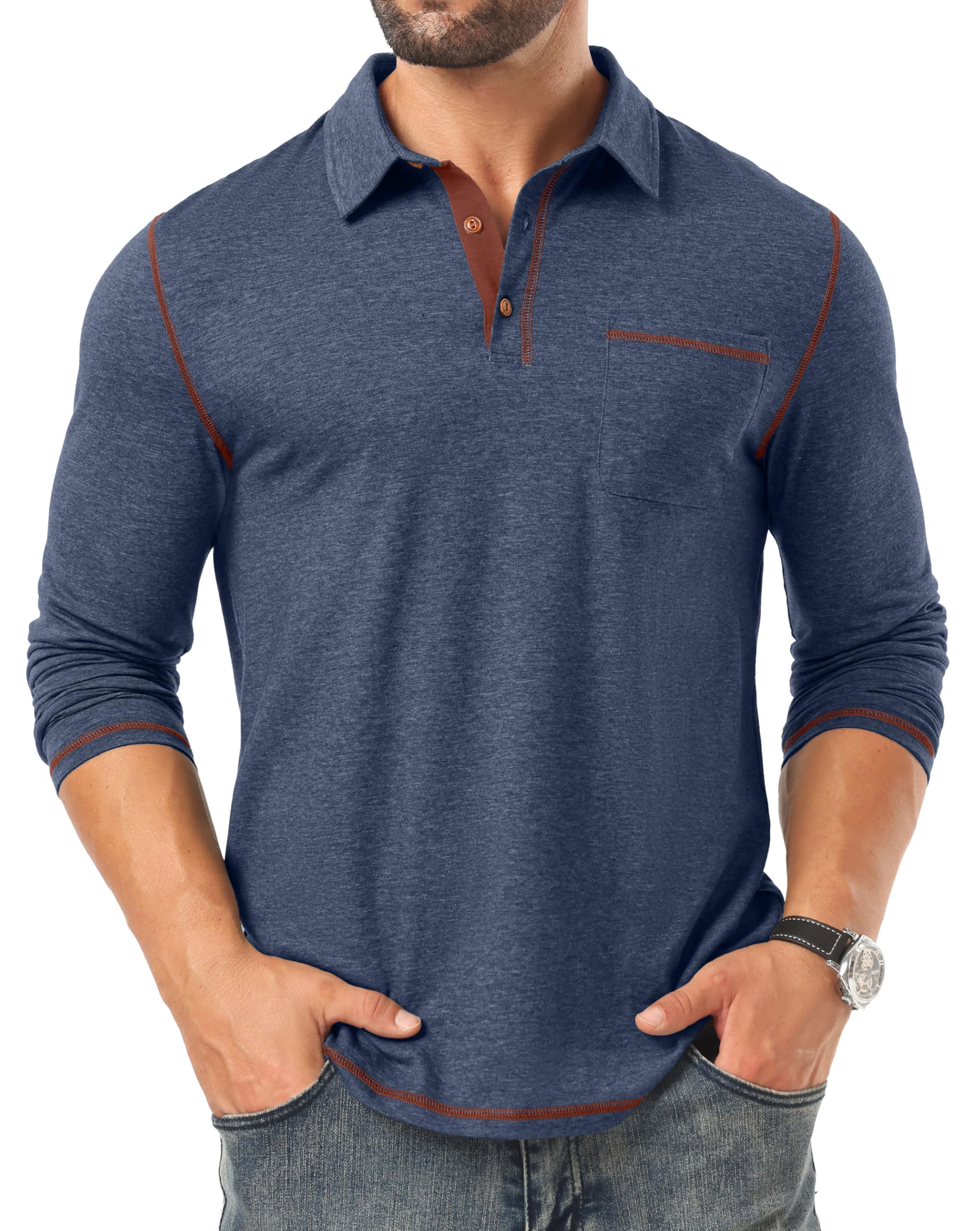 Sailwind Mens Long Sleeve Polo Shirts Cotton Fashion Casual Classic Collared Golf Shirts Navy Blue