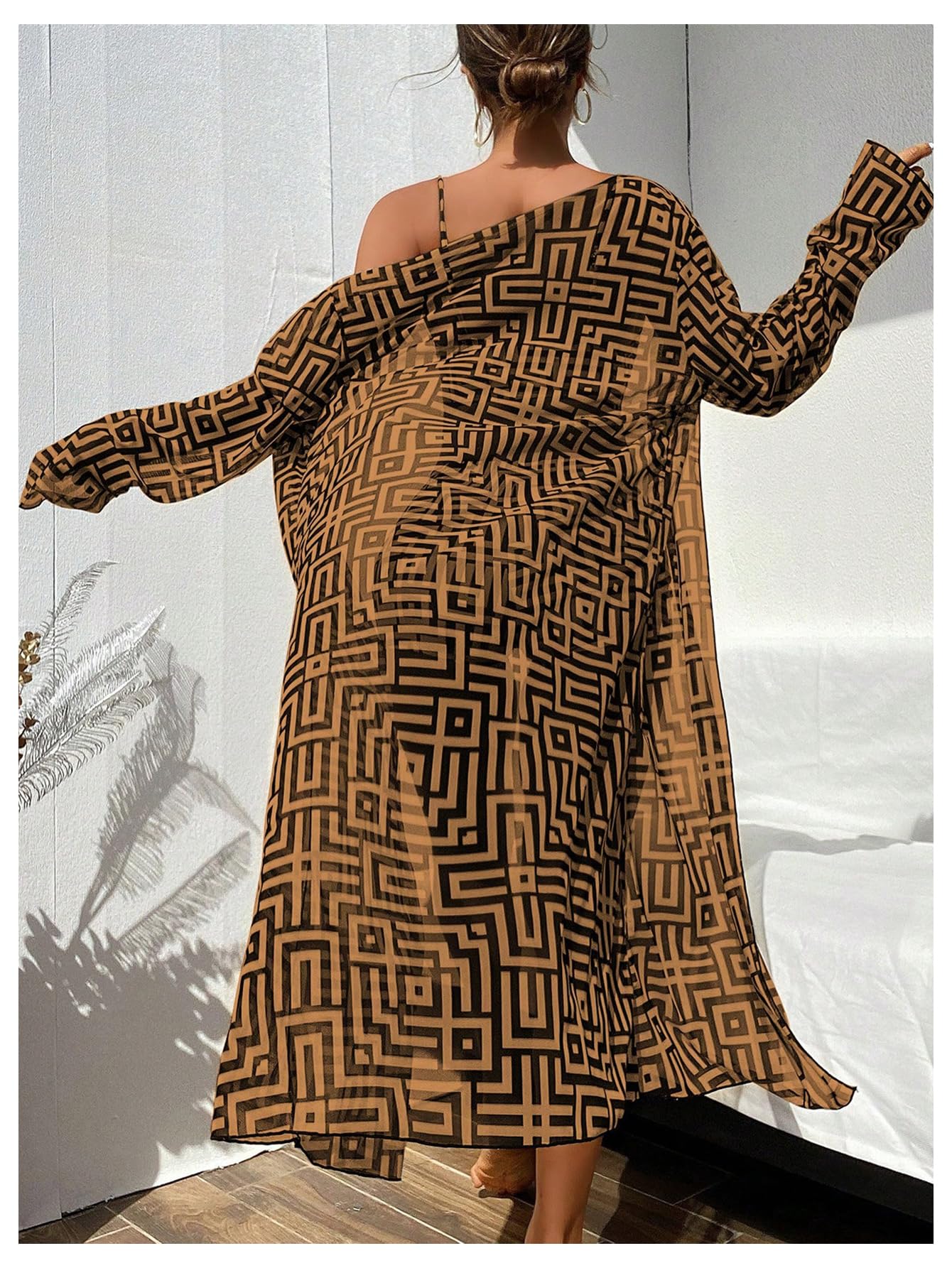 WDIRARA Women's 3 Pieces Bikini Set Geo Print Bathing Suit Drawstring Swimsuit with Cover Ups Kimono Brown Boho X-Large