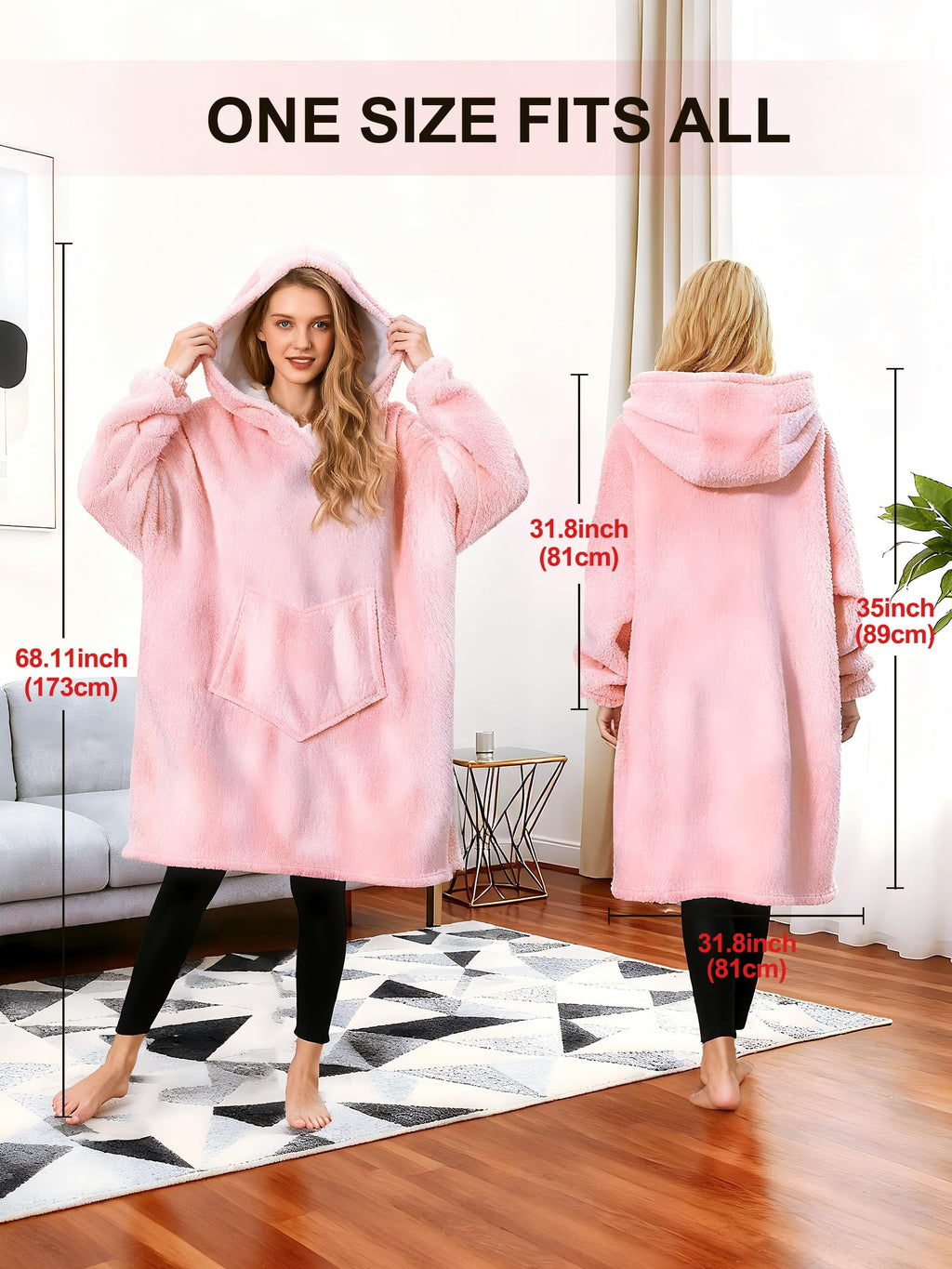 C hello cloud Oversized Hoodie Blanket, Wearable Blanket sweatshirt, Ultra Soft Sherpa Fleece Comfy Snuggle Hoodie, Gaint Fluffy Jumper Reversible, One Size Fits All Women Adults Men (Pink)