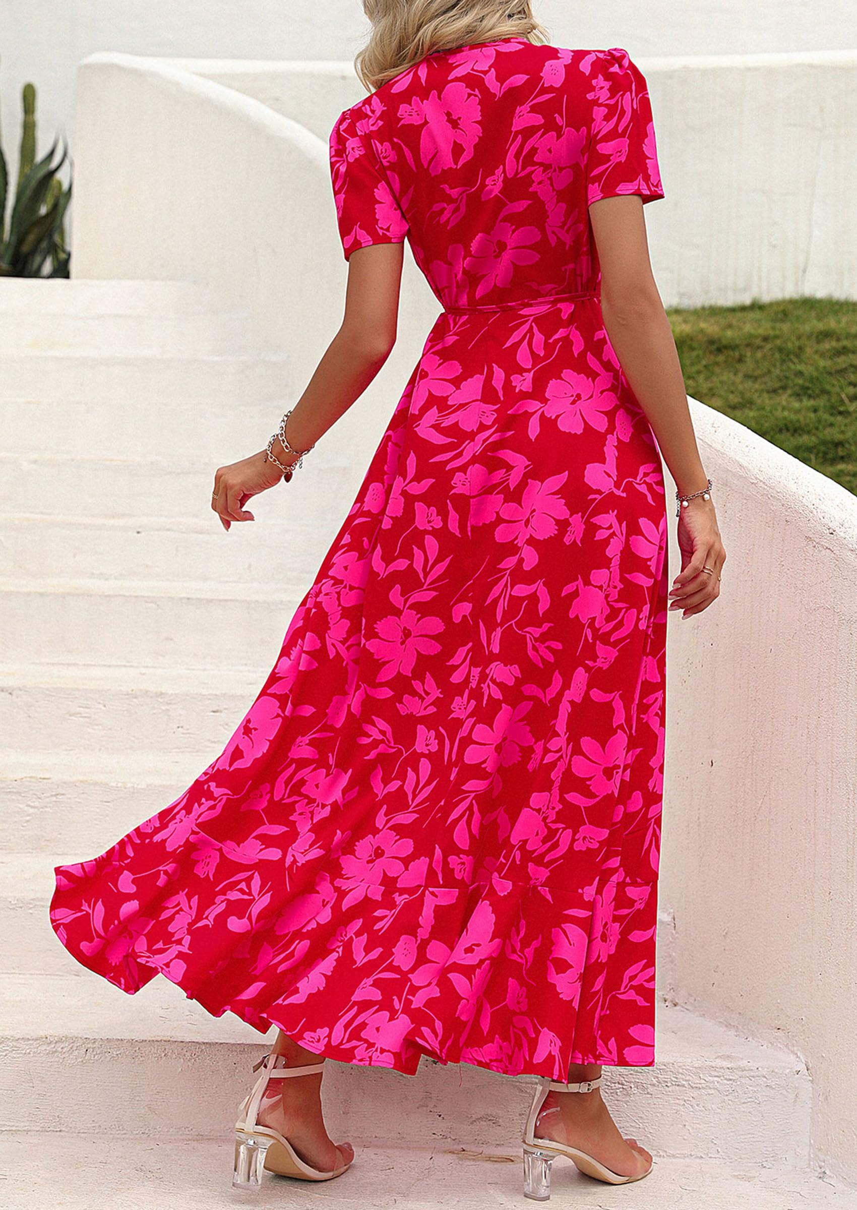 PRETTYGARDEN Women's Summer Wrap Maxi Dress Casual Boho Floral V Neck Short Sleeve Ruffle Hem Split Beach Long Dresses (Red Floral,Large)