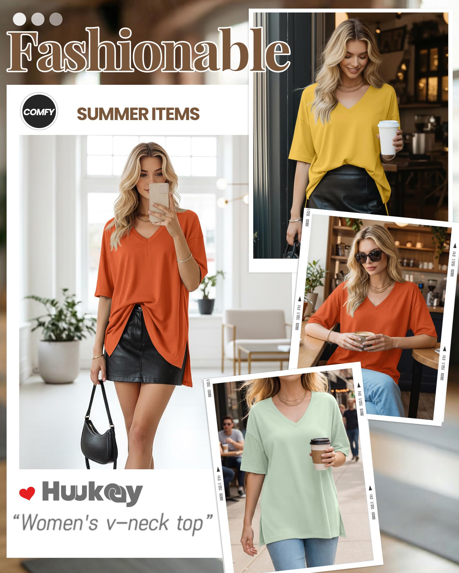 Huukeay 3 Pack Oversized Shirts for Women V Neck, 3-Color, Medium