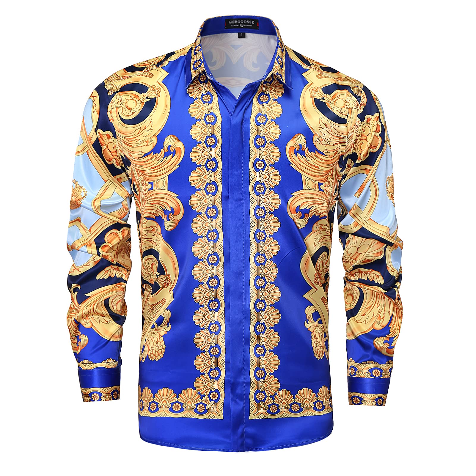 GSBOGOSSE Men Gold Fashion Luxury Printed Satin Long Sleeve Button-Down Shirts Flashy Retro Gorgeous Design Party Gift Shirt