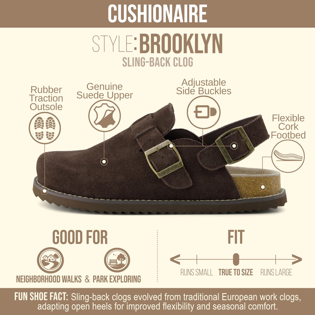 CUSHIONAIRE Brooklyn Suede Womens Slides– Comfortable Clog Mules with Adjustable Buckles – Summer Shoes for Women,CHOCOLATE 11W