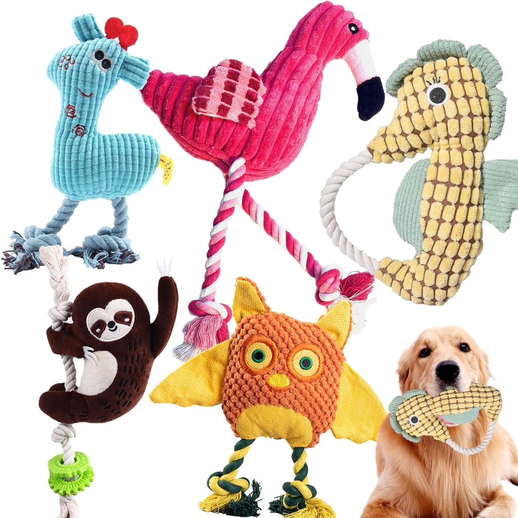 MRSOHRET 5 Pack Plush Dog Toys with Rope, Squeaky Dog Toys, Tug of War Dog Interactive Toy, Durable Dog Chew Toys for Large Dogs & Puppies