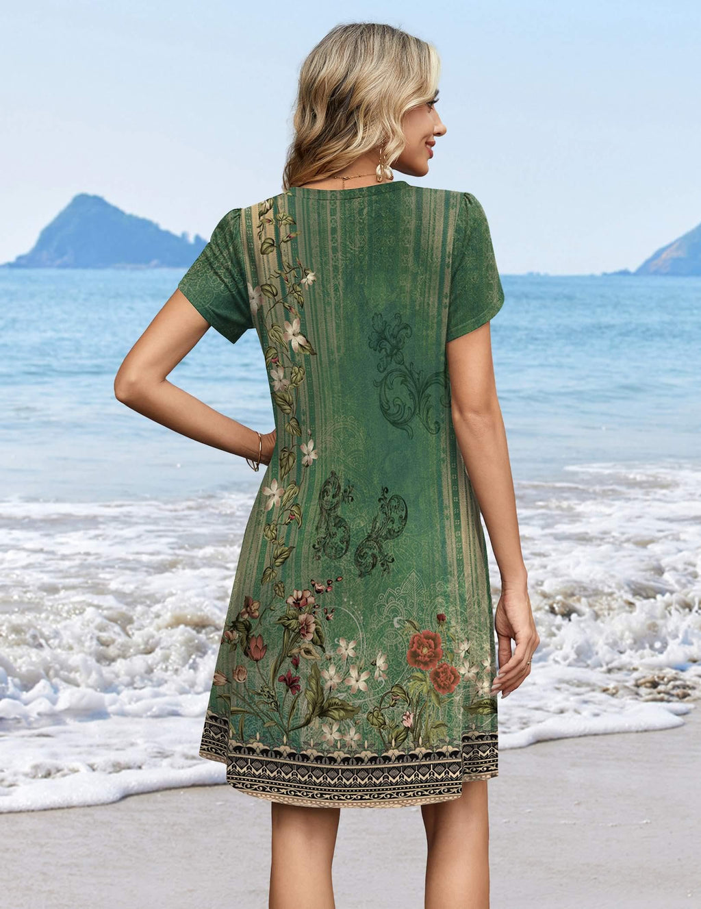 Zeagoo Floral Dresses for Women Casual Summer Dresses Fit and Flare Dress Loose Fit A Line Dress Boho Sundress, Green Floral 01