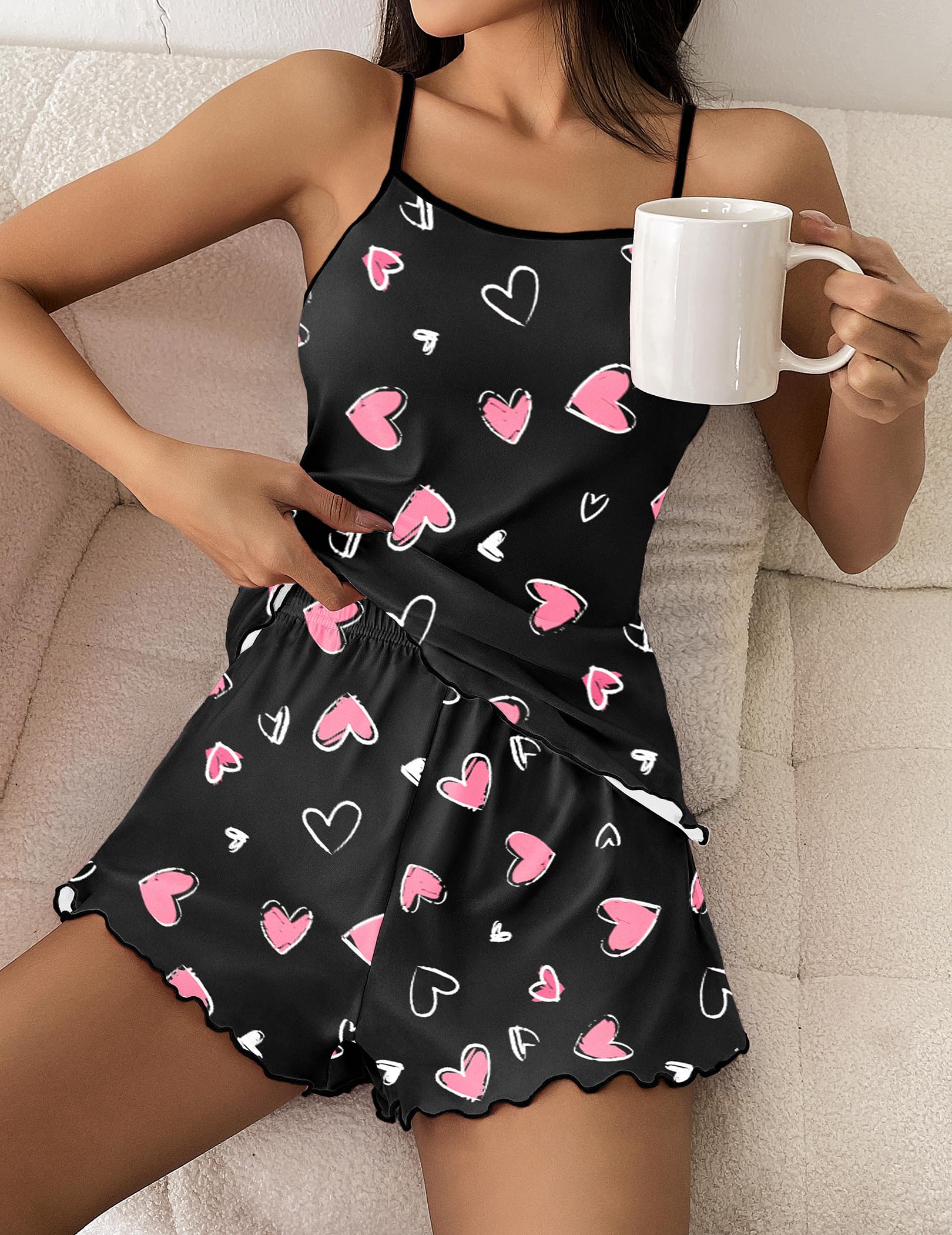 Ekouaer Womens Cami Pajama Sets 2 Piece Cute Print Pjs Soft Tank Top & Elastic Waist Shorts Camisole Lounge Set Pink Heart M
