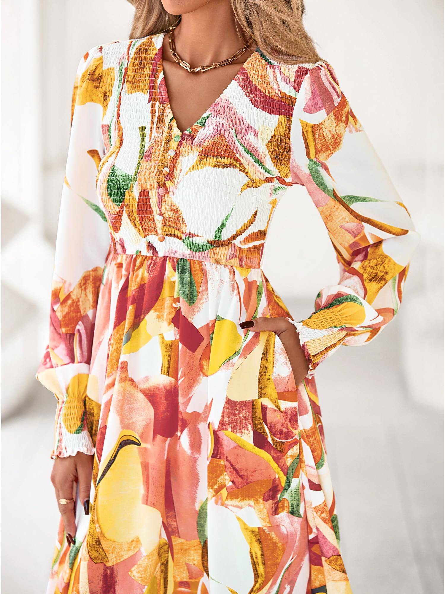 BTFBM Women Fall Wedding Guest Maxi Dresses 2025 Floral V Neck Long Sleeve Boho Long Dress Vacation(Pink Watercolour,Medium)