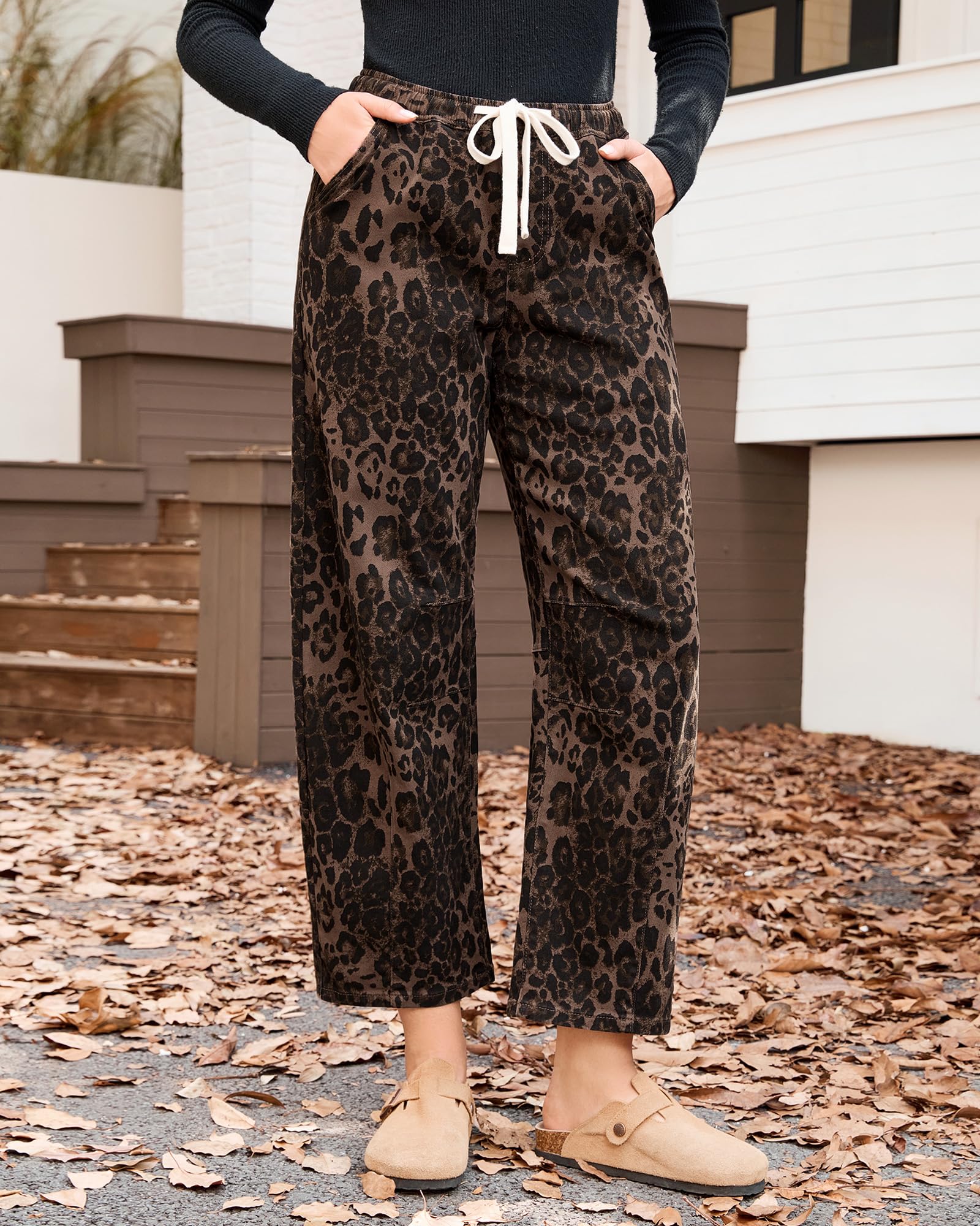 GRAPENT Elastic Waist Barrel Jeans for Women Wide Leg Jeans Women Leopard Print Barrel for Comfy Pants Crop Pants Womens Loose Womans Brown Leopard Size Large US 12 to 14