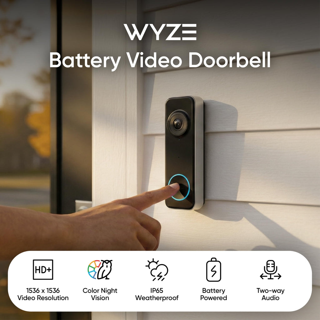Wyze Battery Video Doorbell Wireless Camera, 1536x1536 HD+ with Color Night Vision, 2-Way Audio, 1:1 Head-to-Toe View, Person/Vehicle/Package Monitor, Wire-Free/Wired Option, 1 Minute Easy Setup