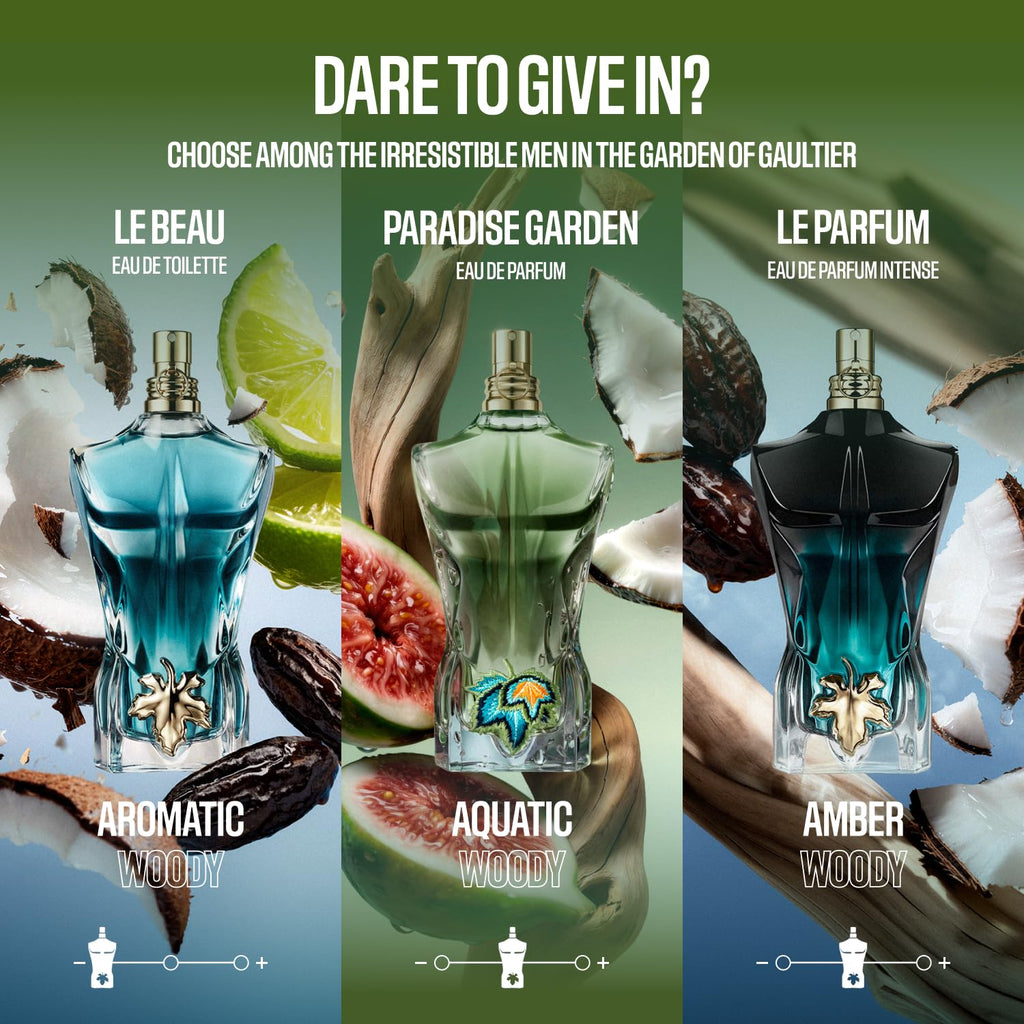 Jean Paul Gaultier Le Beau Paradise Garden Eau de Parfum for Men - Long Lasting Fresh Woody Aquatic Men's Cologne with Coconut Water, Green Fig & Sandalwood - Designer Fragrance Spray, 2.5 oz