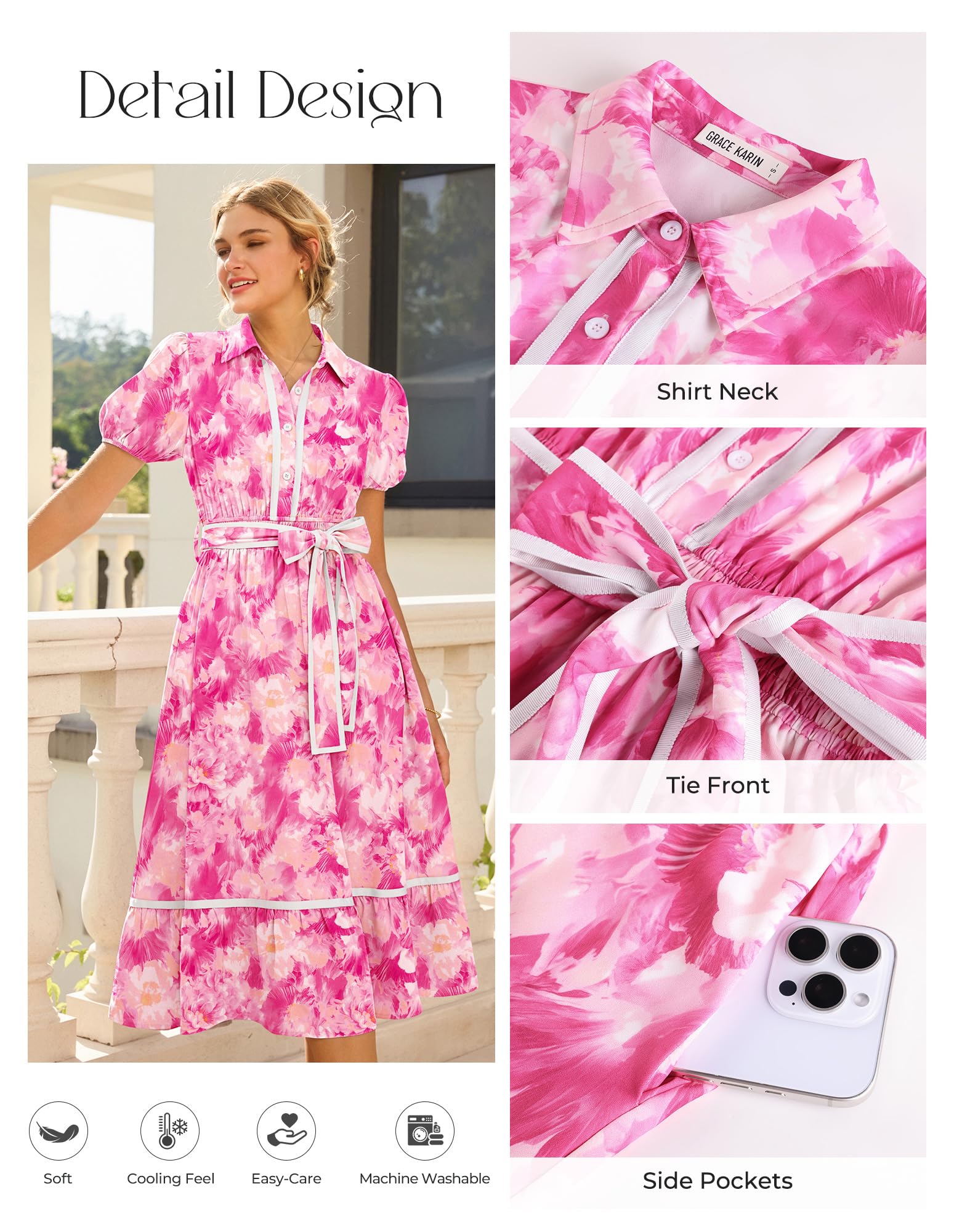 GRACE KARIN Women Summer Floral Maxi Dresses 2026 Wedding Guest Puff Sleeve Shirt Sundresses Boho Spring Clothes with Pockets Rose Floral S