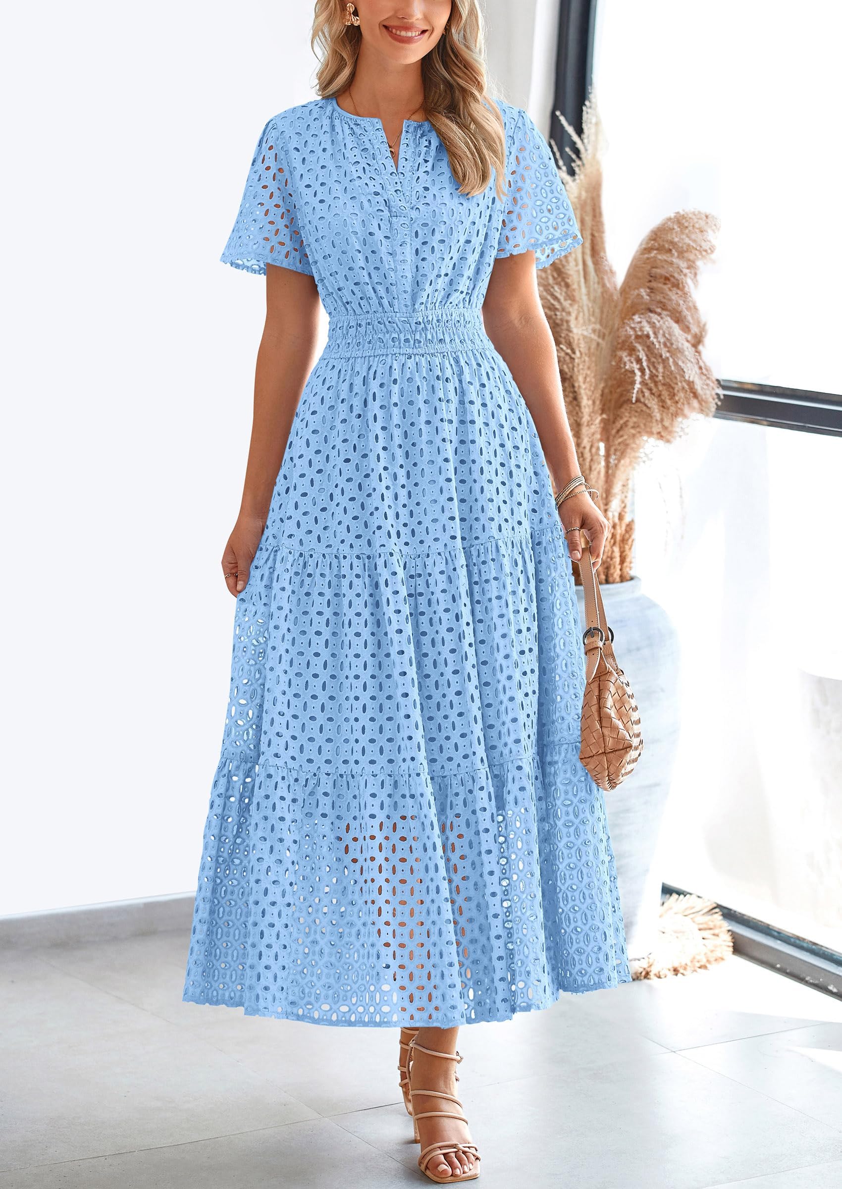 PRETTYGARDEN Womens 2025 Summer Maxi Dress Short Sleeve V Neck Hollow Out Eyelet A Line Long Flowy Beach Vacation Dresses (Light Blue,Medium)