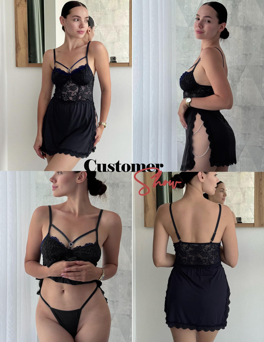 Avidlove Lingerie for Women Sexy Babydoll Lingerie Dress Side Slit Chemise Nightgowns with Chain (Black,L)